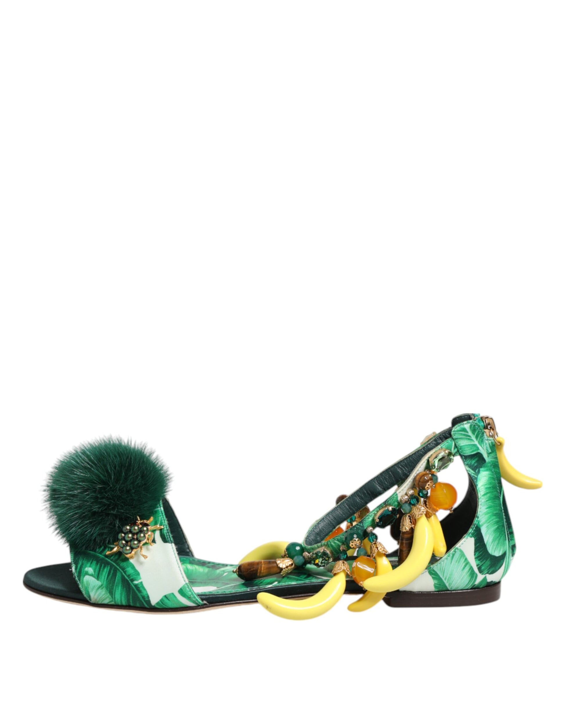 Dolce & Gabbana Green Mink Fur Satin Banana Leaf Sandals Shoes - ACCEXO