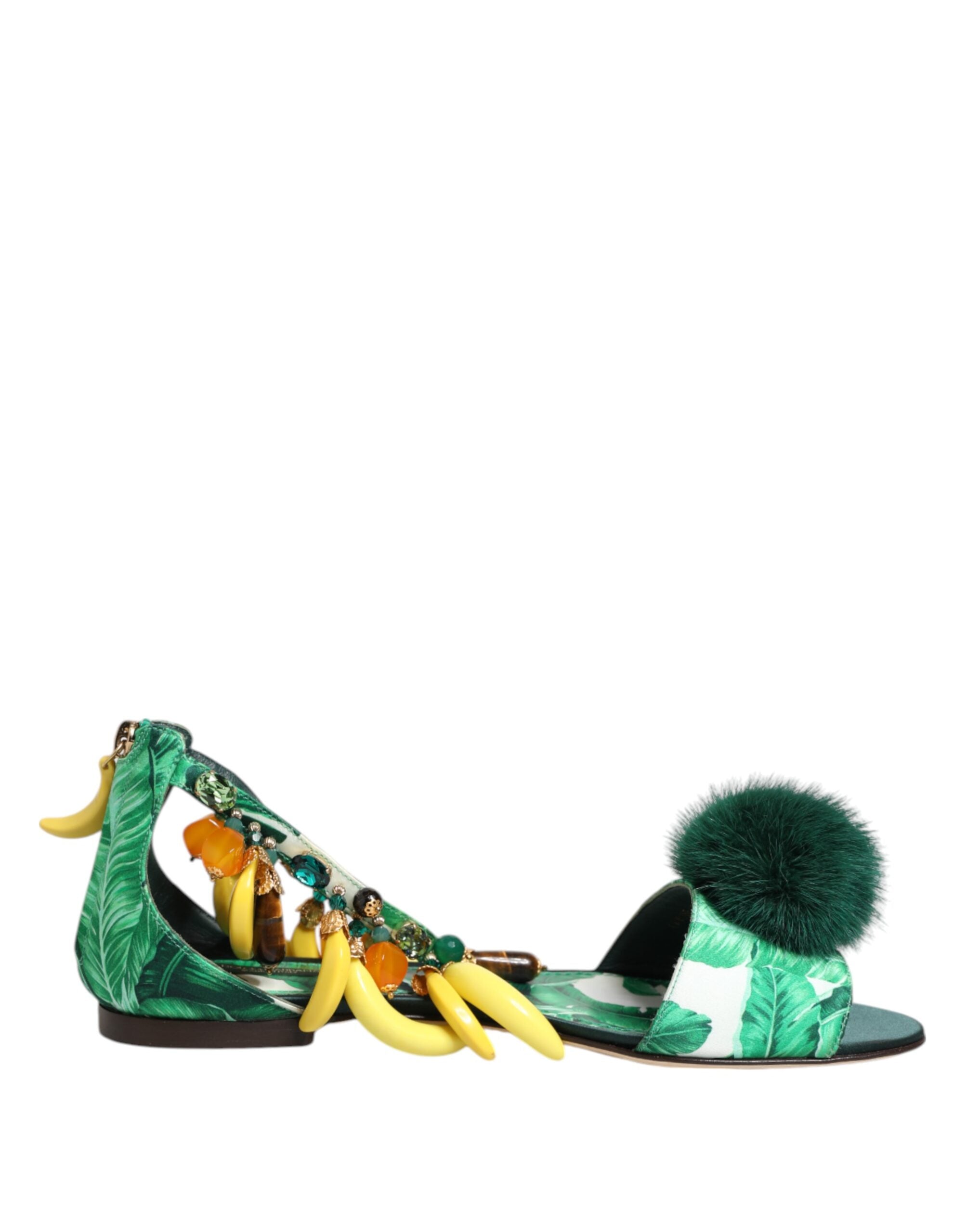 Dolce & Gabbana Green Mink Fur Satin Banana Leaf Sandals Shoes - ACCEXO