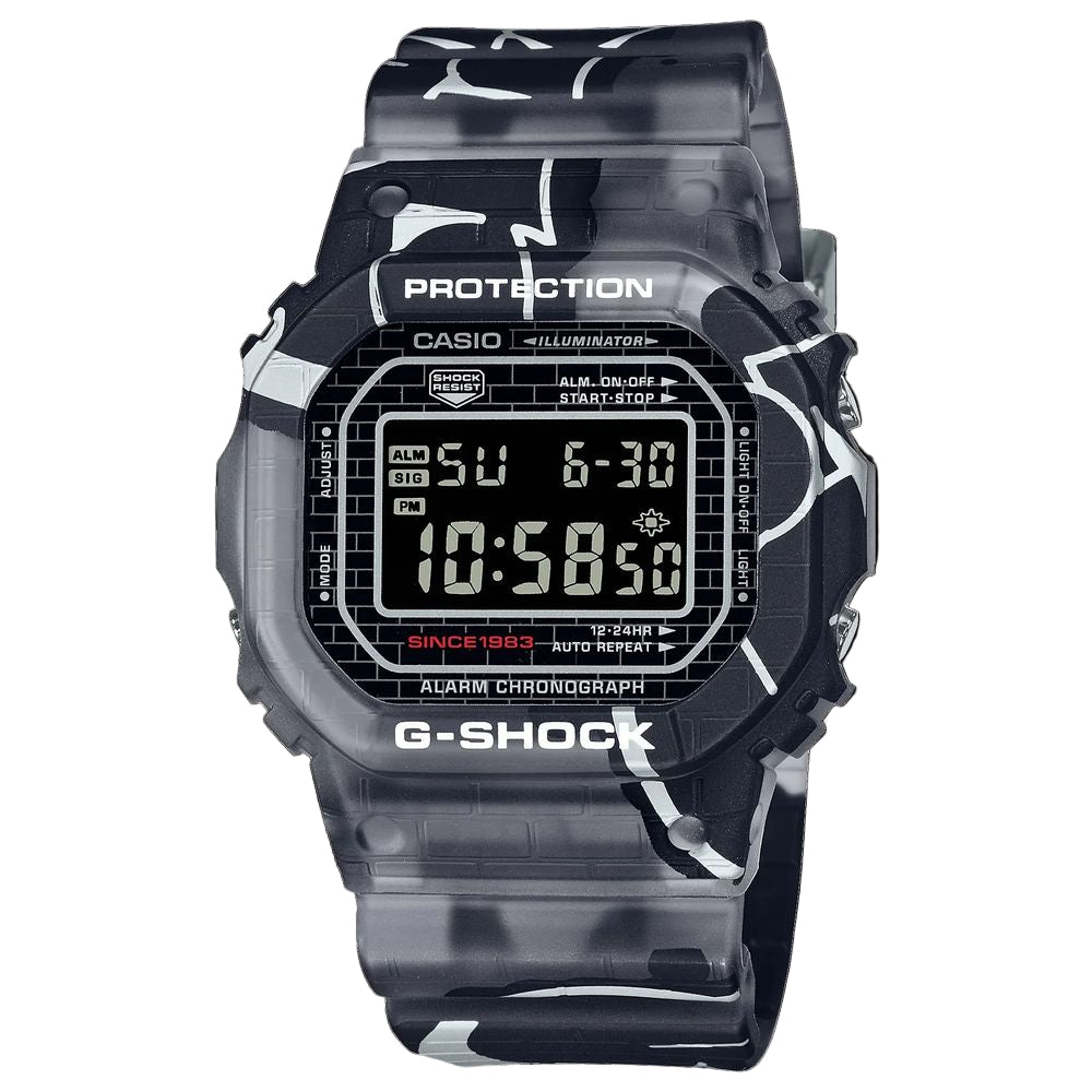 Casio G-Shock digital watch with clear black and white patterned strap on a white background