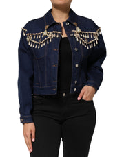 Dolce & Gabbana Blue Cotton Denim Crystal Embellished Jacket for Women