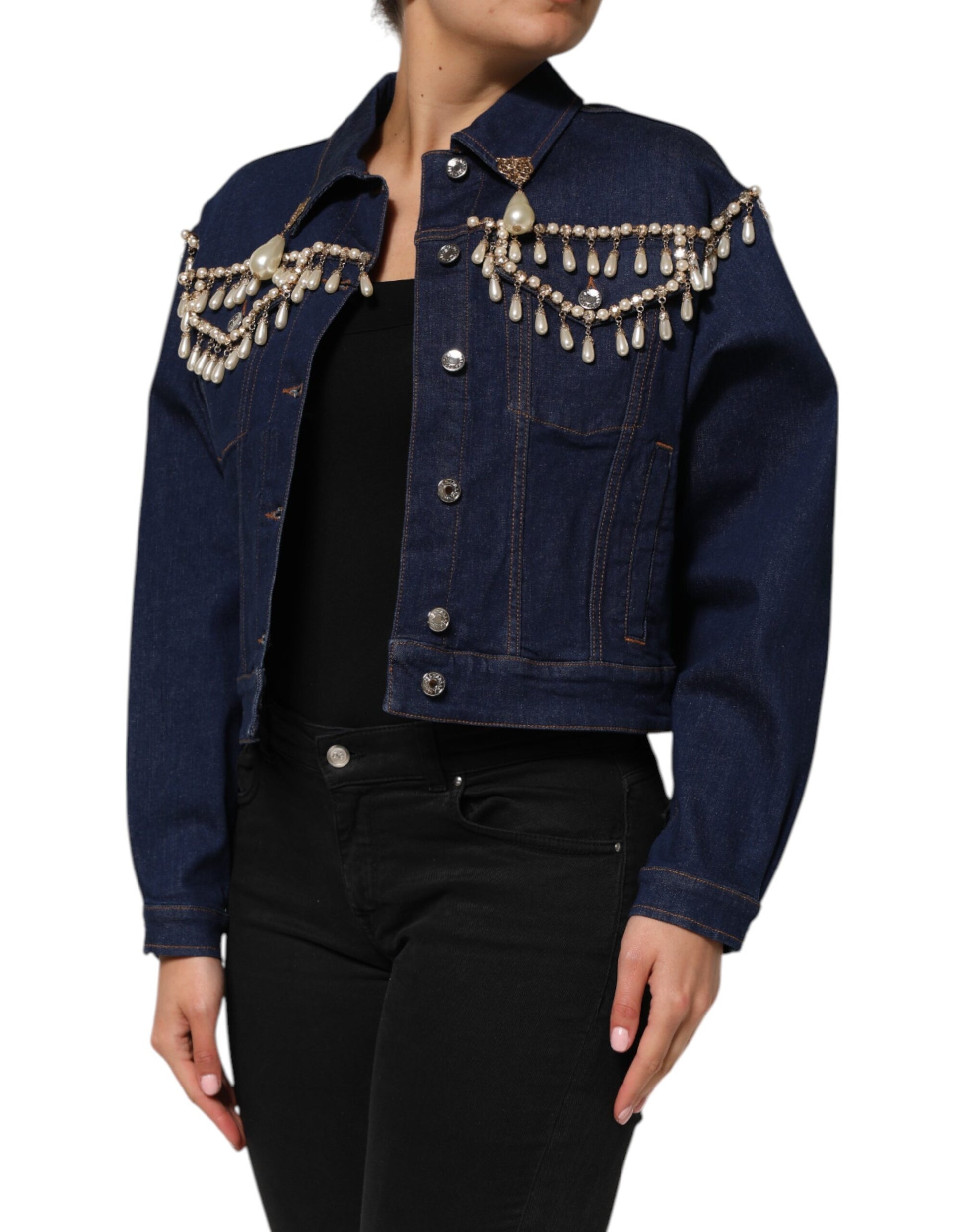 Dolce & Gabbana Blue Cotton Denim Crystal Embellished Jacket - ACCEXO