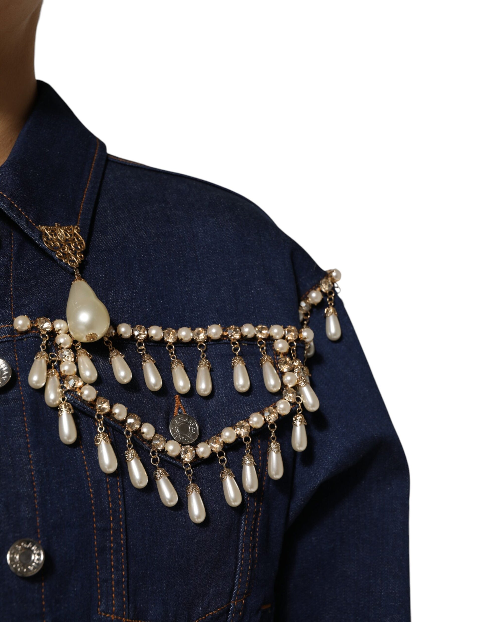 Dolce & Gabbana Blue Cotton Denim Crystal Embellished Jacket - ACCEXO