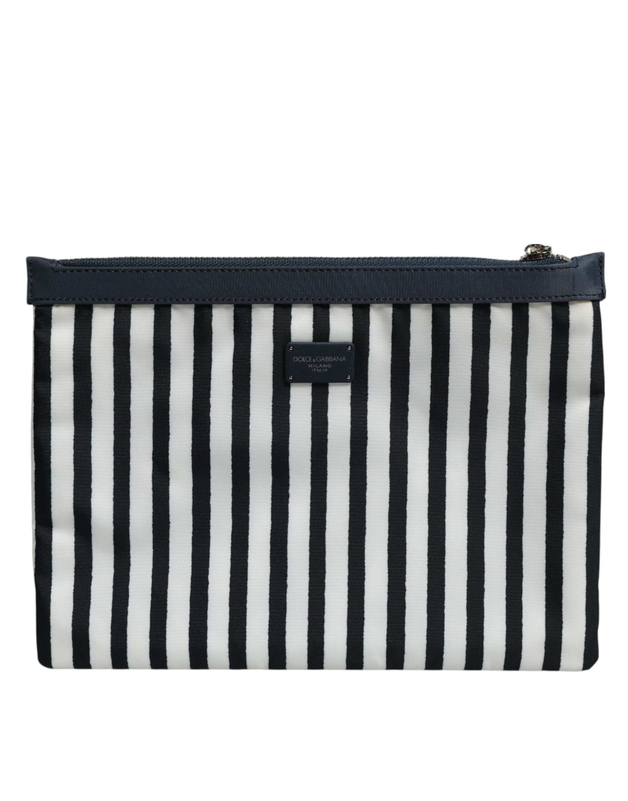 Dolce & Gabbana Black White Striped Logo Plaque Clutch Borse Pouch Bag - ACCEXO