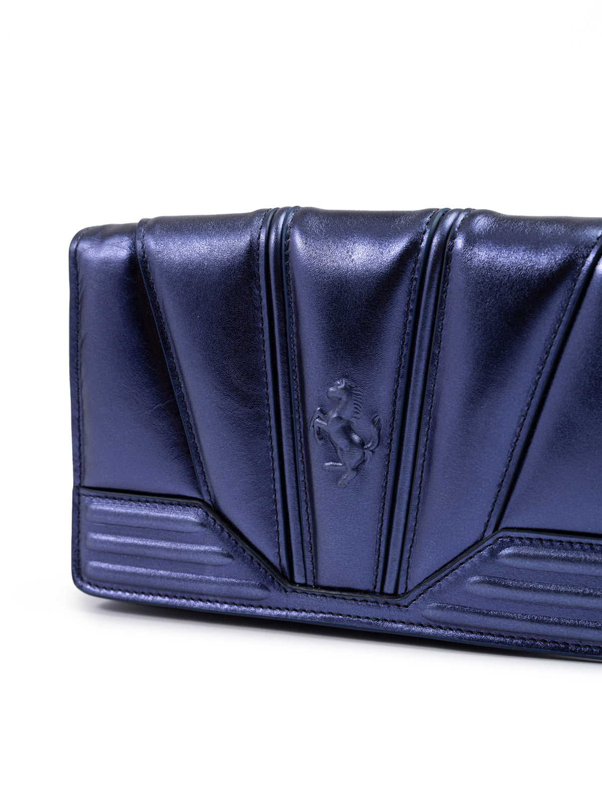 Navy blue clutch bag with a brand logo on a white background
