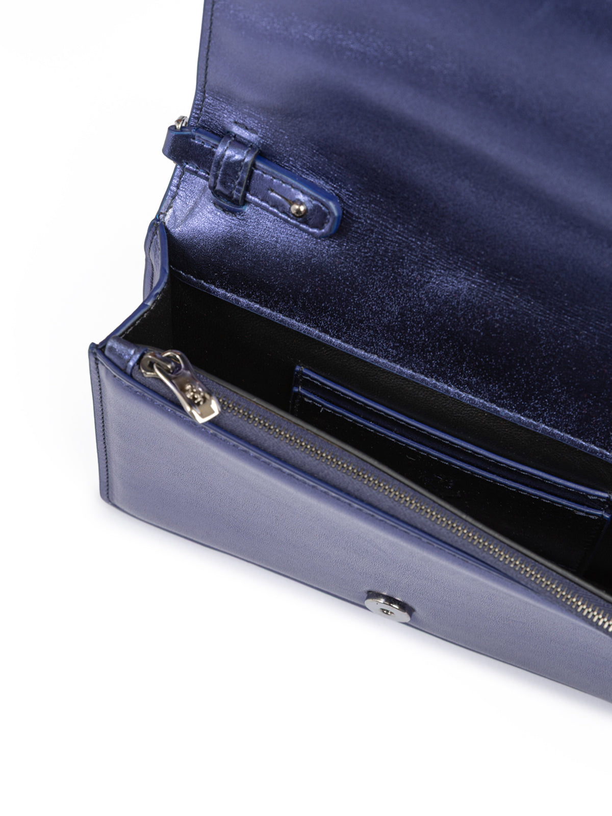 Navy blue leather clutch bag with gold zipper on a white background