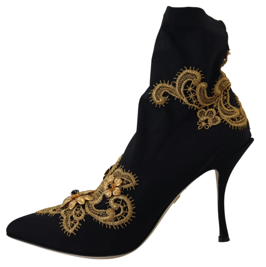 Dolce & Gabbana Black Gold Embroidery Crystal Boots Shoes - ACCEXO