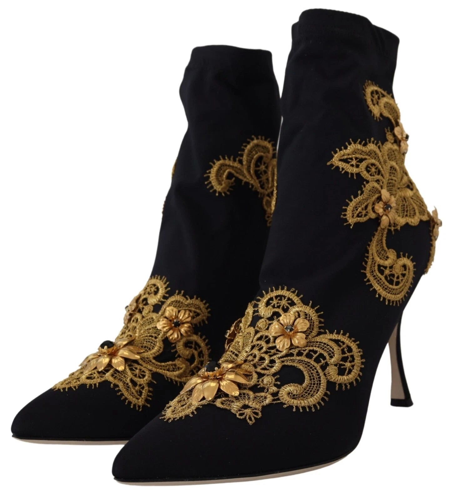 Dolce & Gabbana Black Gold Embroidery Crystal Boots Shoes - ACCEXO