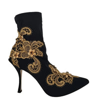 Dolce & Gabbana Black Gold Embroidery Crystal Boots Shoes for Women