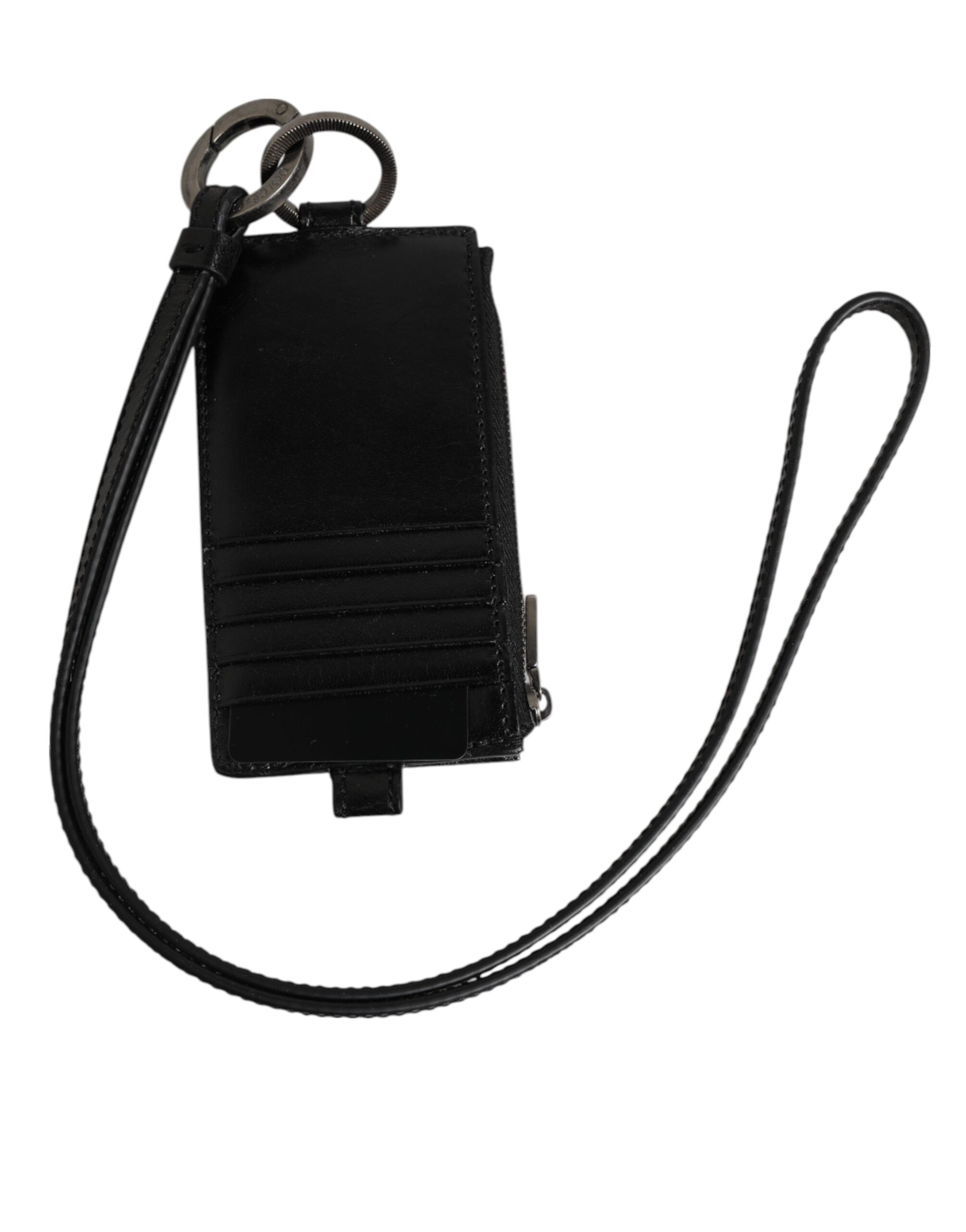 Dolce & Gabbana Black Leather Logo Embossed Lanyard Card Holder Wallet - Zachava