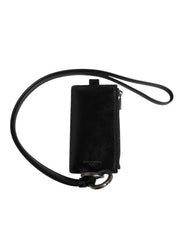 Dolce & Gabbana Black Leather Logo Embossed Lanyard Card Holder Wallet - Zachava
