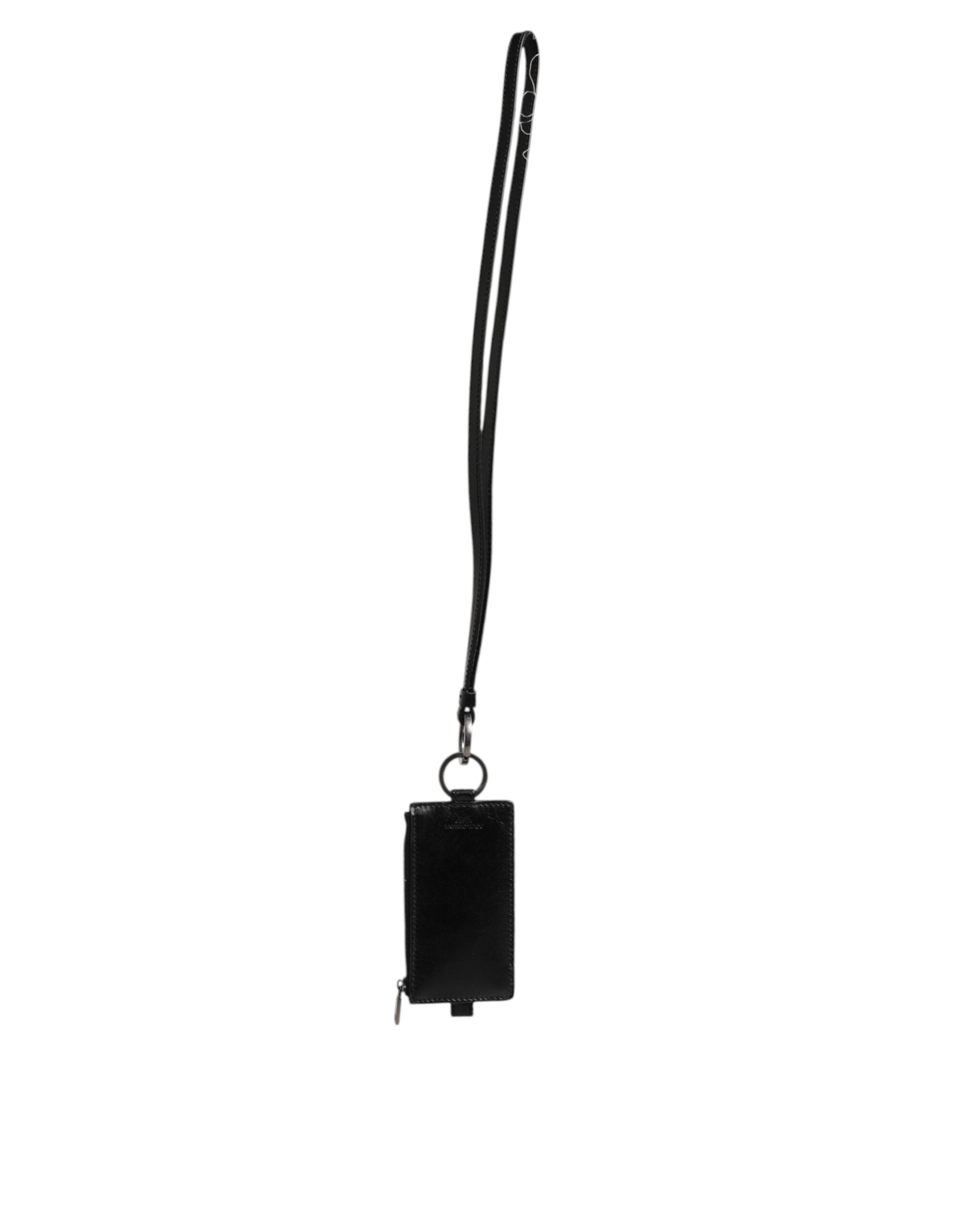 Dolce & Gabbana Black Leather Logo Embossed Lanyard Card Holder Wallet - Zachava