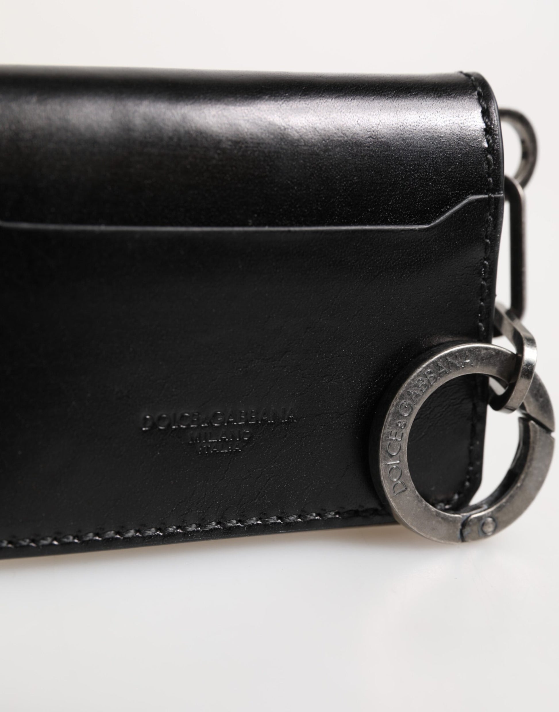Dolce & Gabbana Wallet Black Leather Logo Embossed Key Chain Card Holder Wallet - ACCEXO