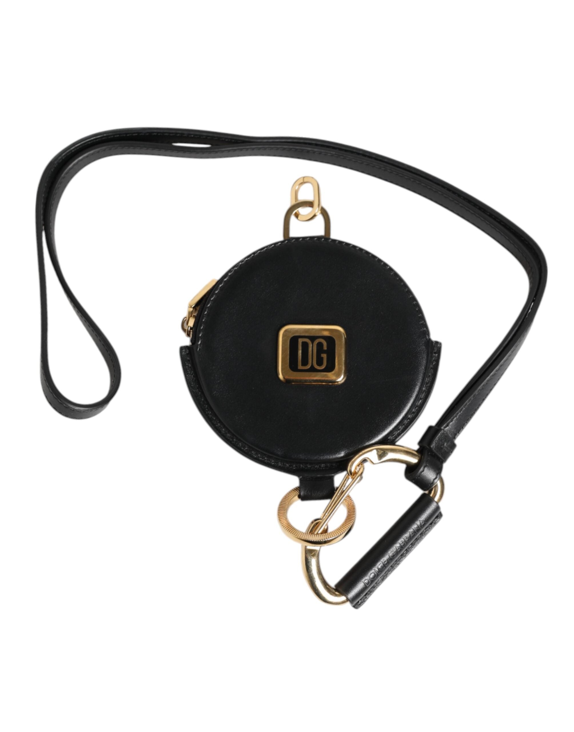 Dolce & Gabbana Black Round Leather DG Logo Coin Purse Lanyard Wallet for Men
