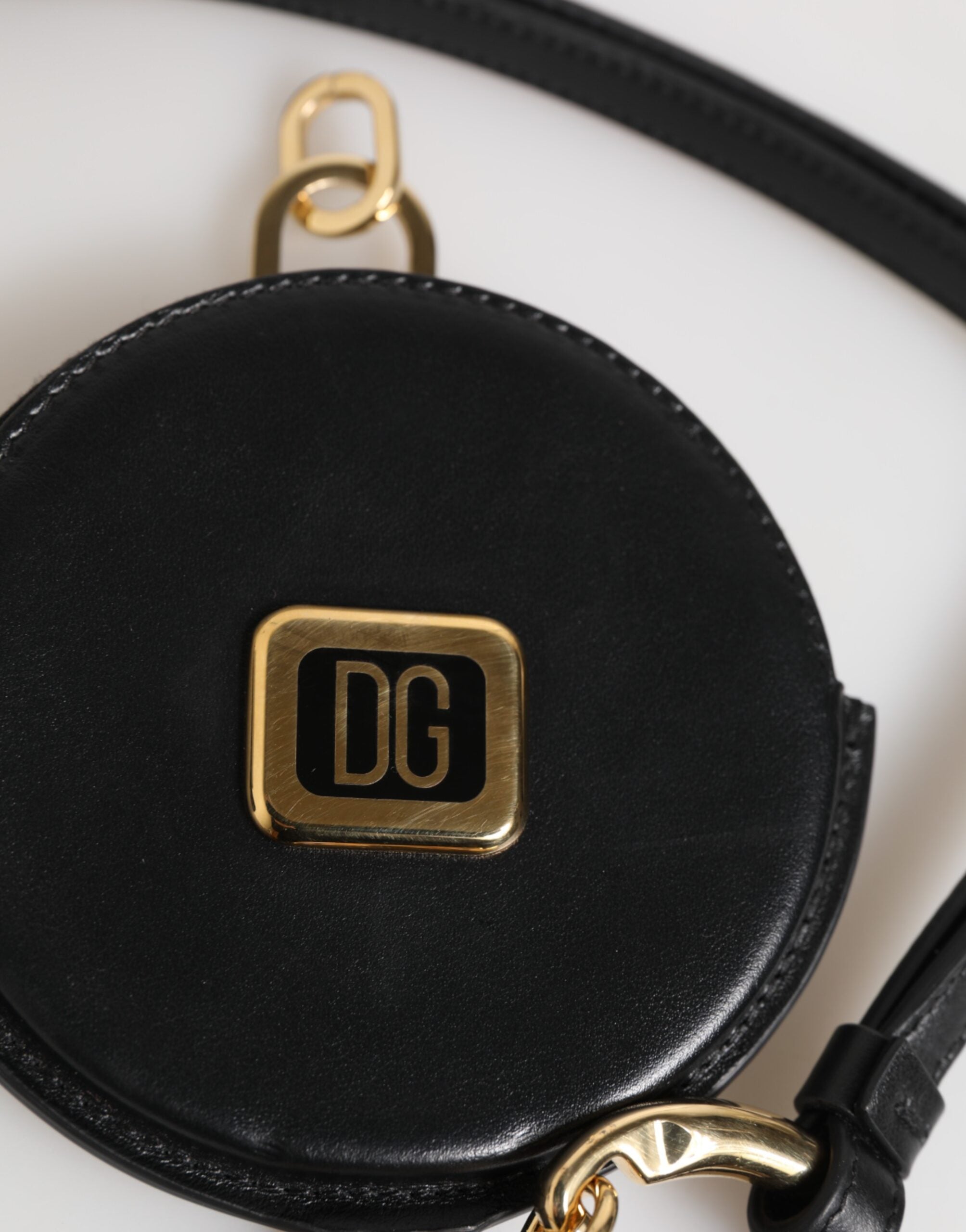 Dolce & Gabbana Black Round Leather DG Logo Coin Purse Lanyard Wallet - ACCEXO
