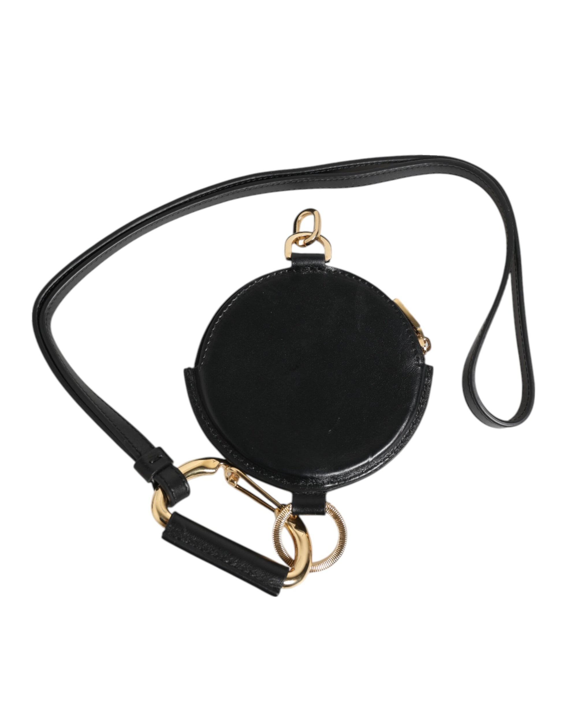 Dolce & Gabbana Black Round Leather DG Logo Coin Purse Lanyard Wallet - ACCEXO