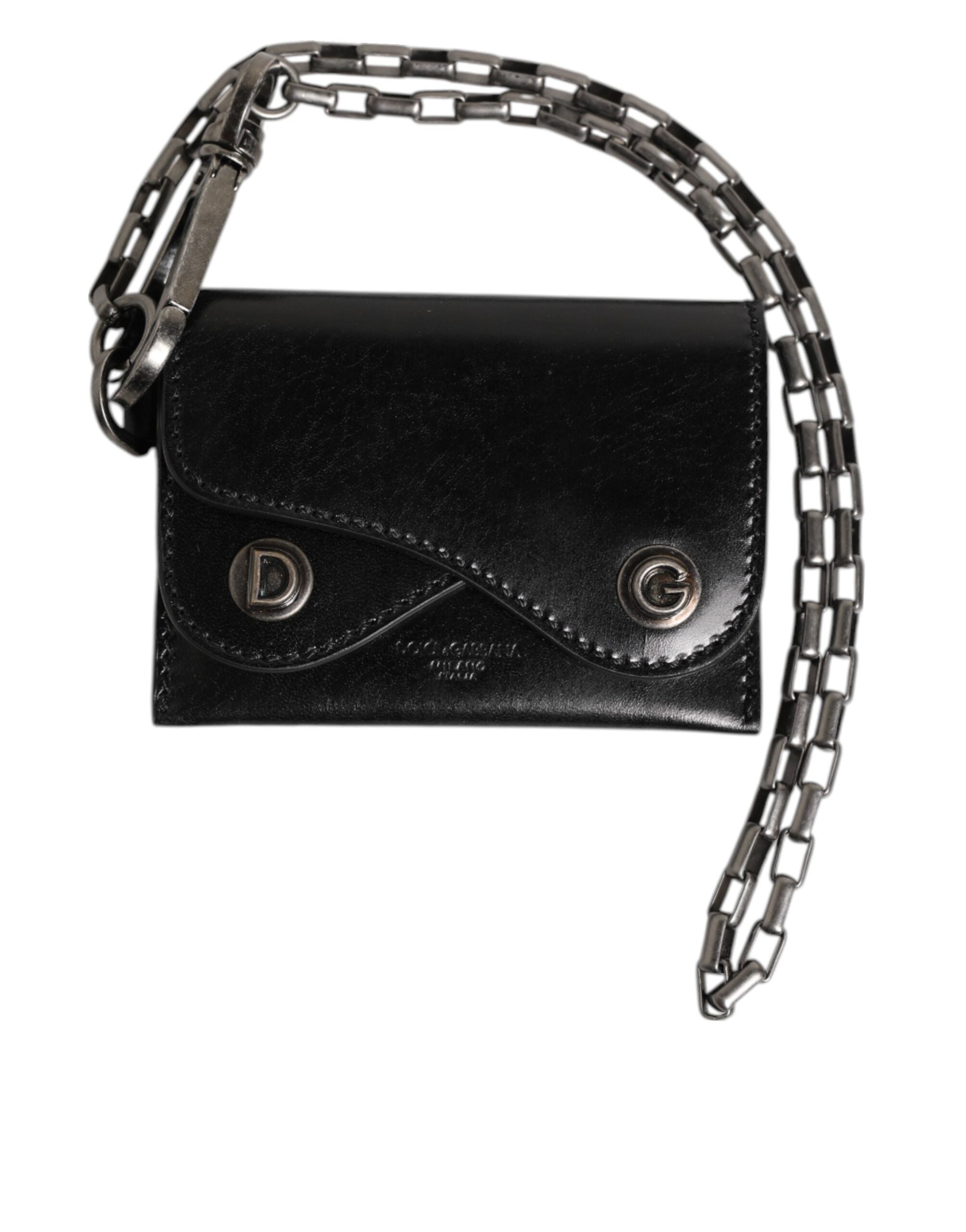 Dolce & Gabbana Black Cavallo Leather Wallet Chain Snap Bifold Card Holder - ACCEXO