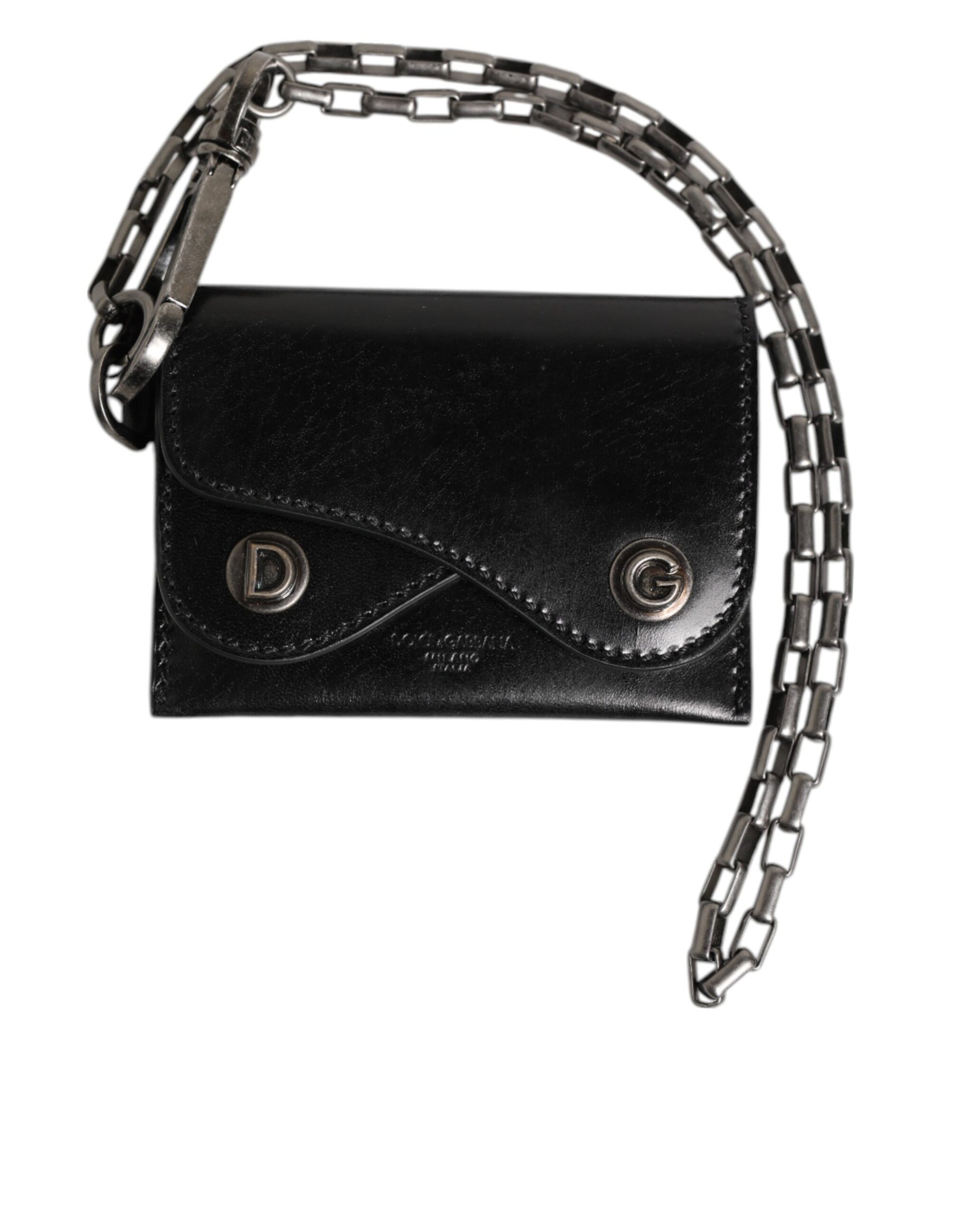 Dolce & Gabbana Black Cavallo Leather Wallet Chain Snap Bifold Card Holder - ACCEXO