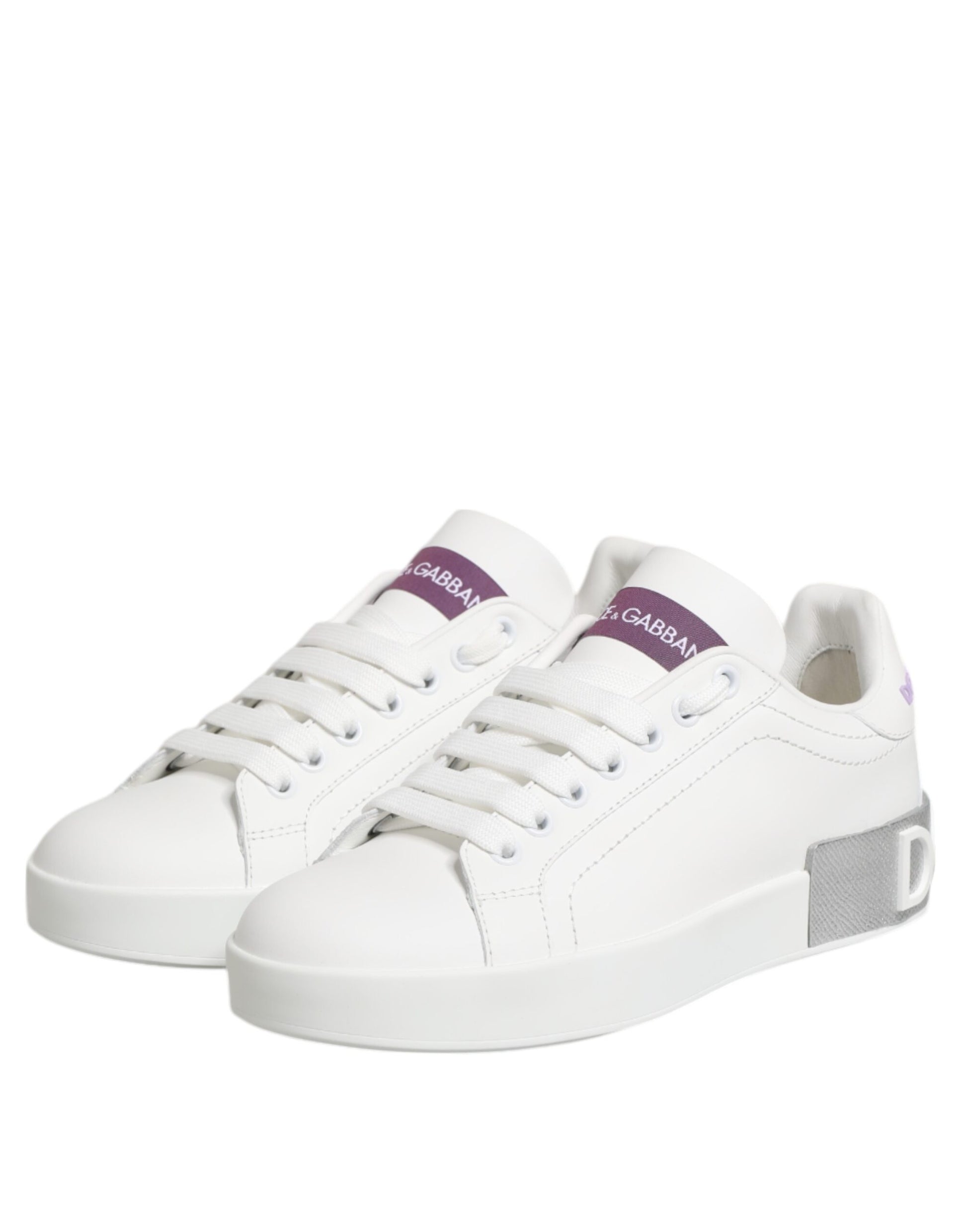 Dolce & Gabbana White Purple Leather Low Top Sneakers Shoes - ACCEXO