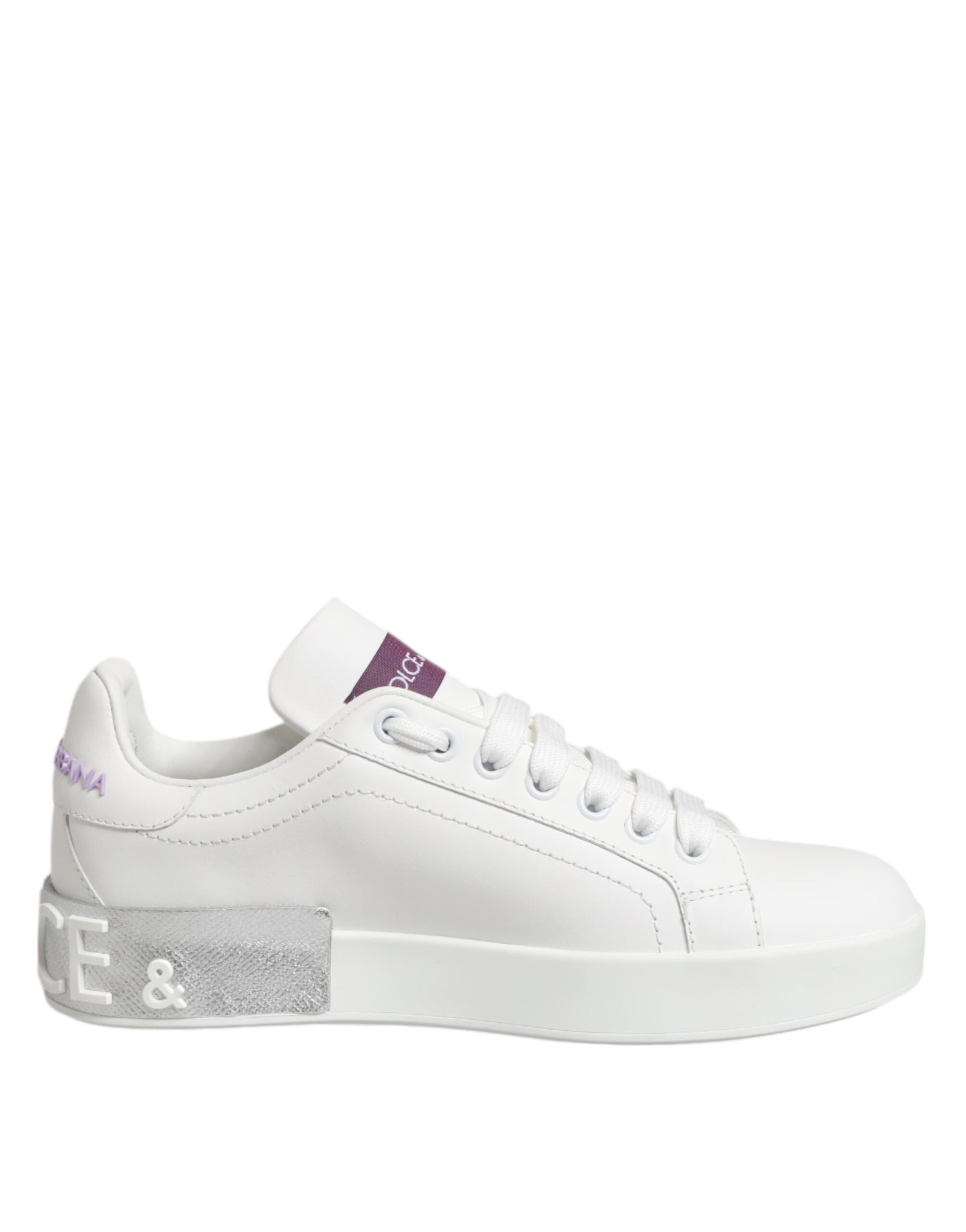Dolce & Gabbana White Purple Leather Low Top Sneakers Shoes - ACCEXO