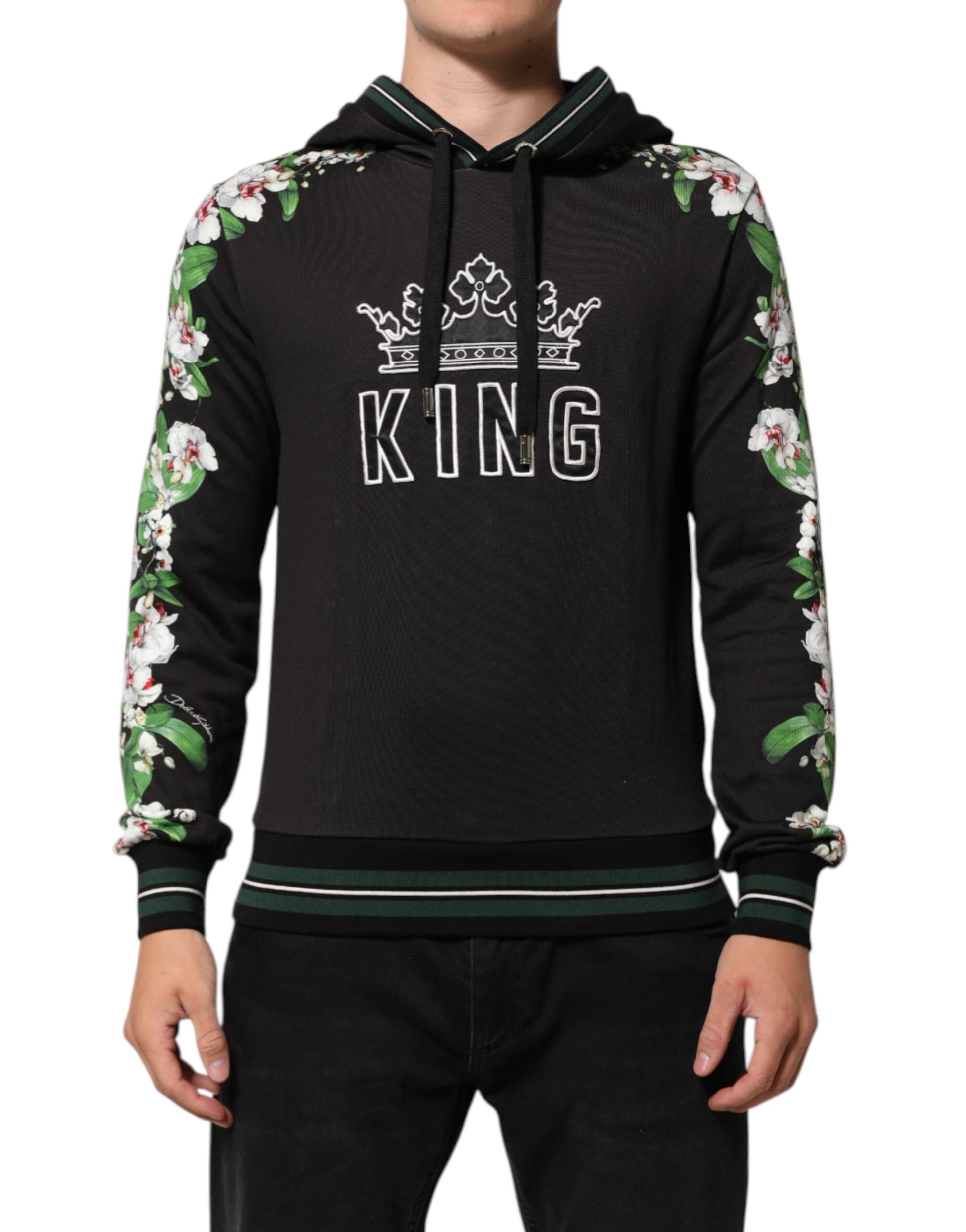 Dolce & Gabbana KING Black Orchid Floral Crown Logo Hoodie Sweater - ACCEXO