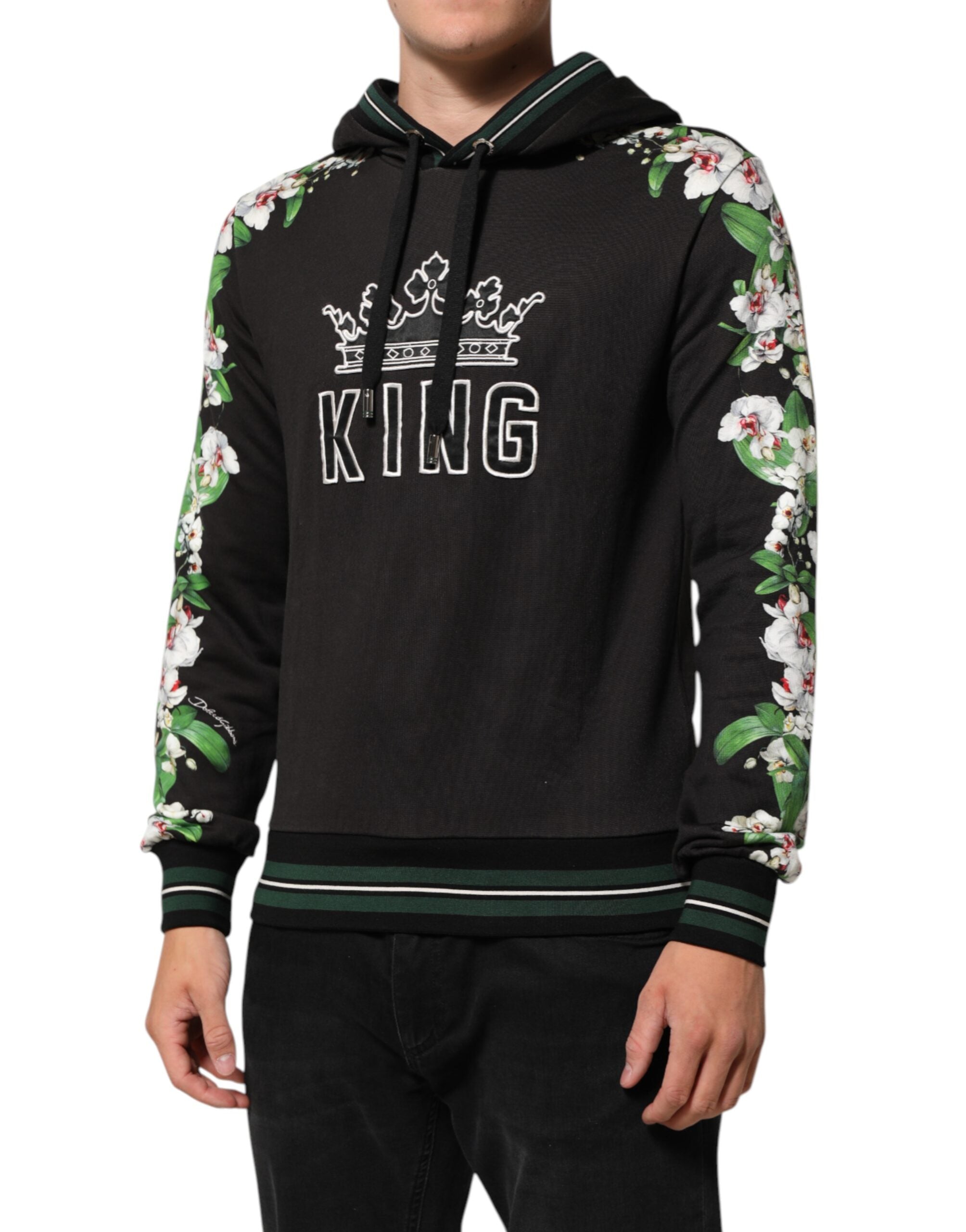 Dolce & Gabbana KING Black Orchid Floral Crown Logo Hoodie Sweater - ACCEXO