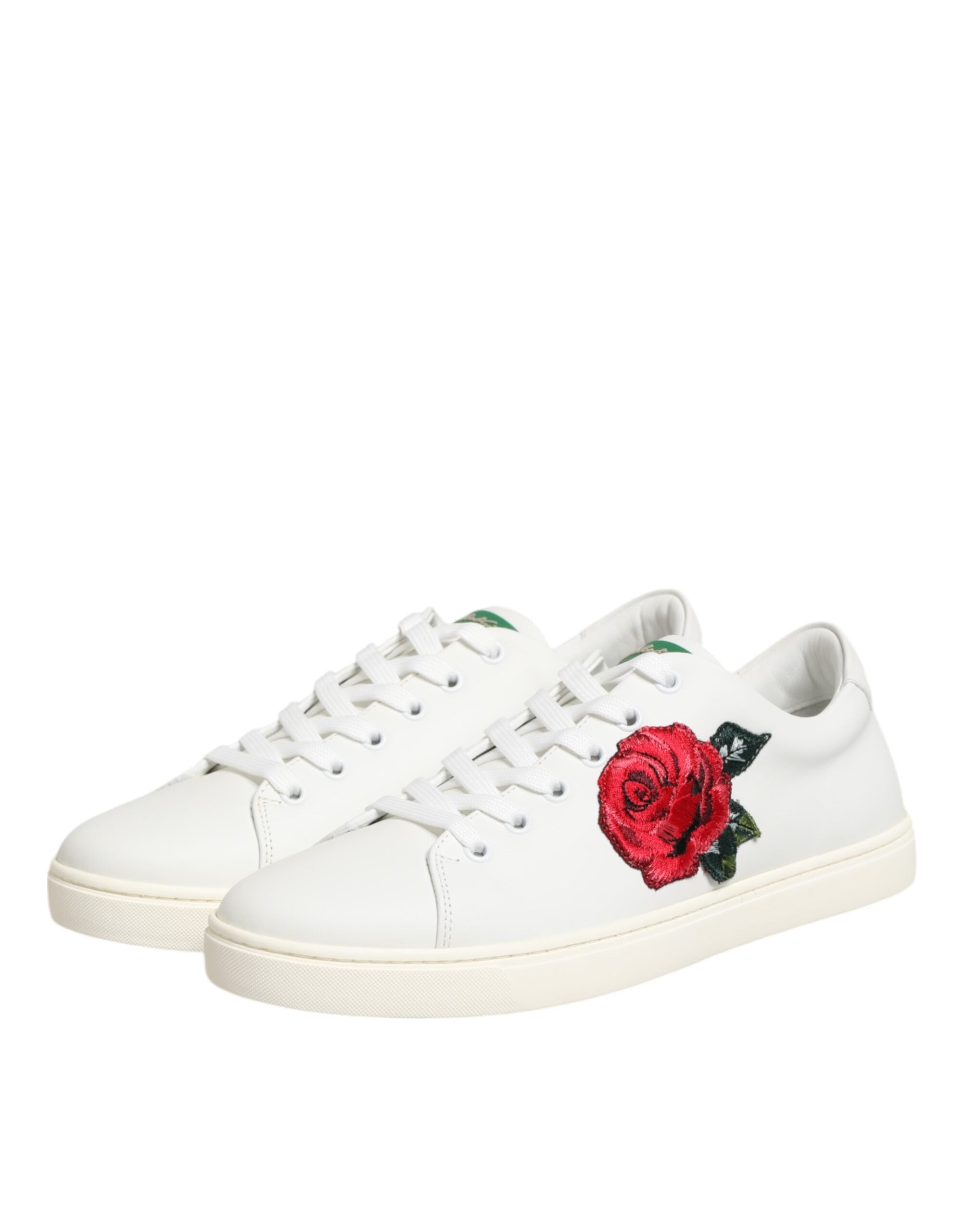 Dolce & Gabbana White Leather Rose Embroidery Low-Top  Shoes - ACCEXO