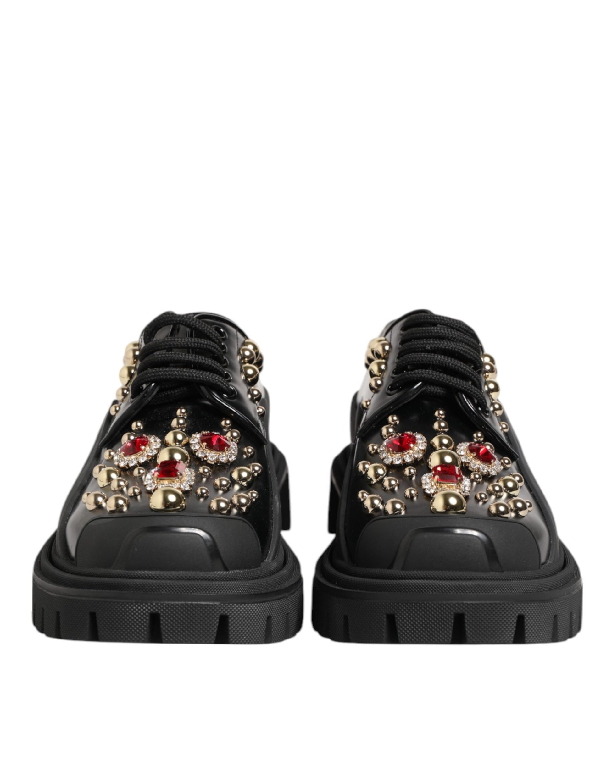 Dolce & Gabbana Black Leather Jeweled Crystals Derby Shoes - ACCEXO