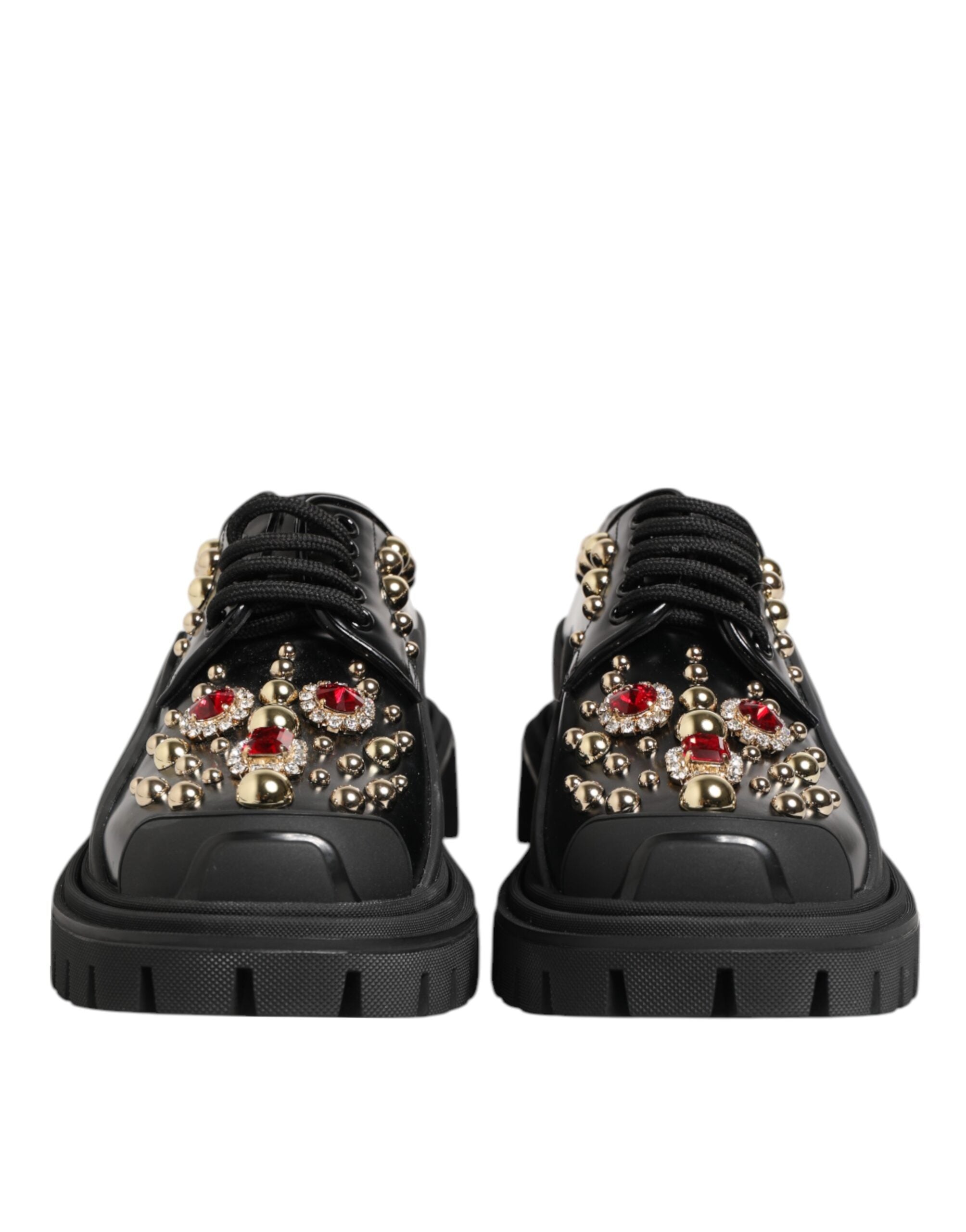 Dolce & Gabbana Black Leather Jeweled Crystals Derby Shoes - ACCEXO