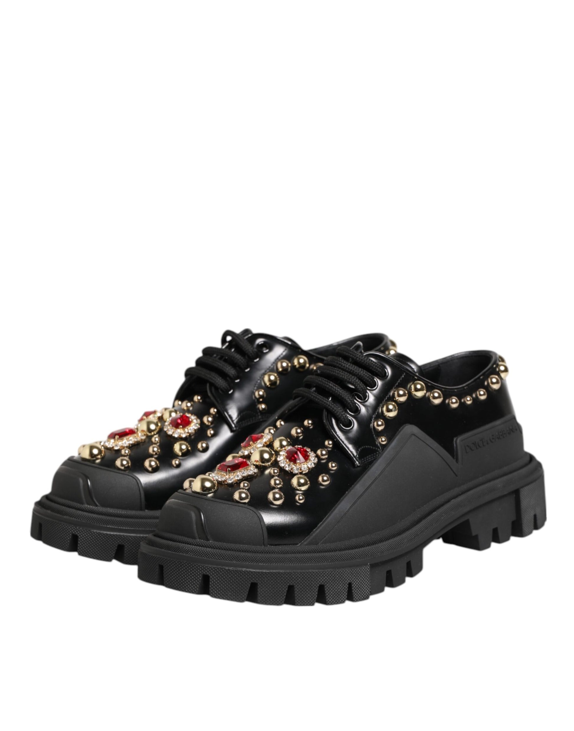 Dolce & Gabbana Black Leather Jeweled Crystals Derby Shoes - ACCEXO