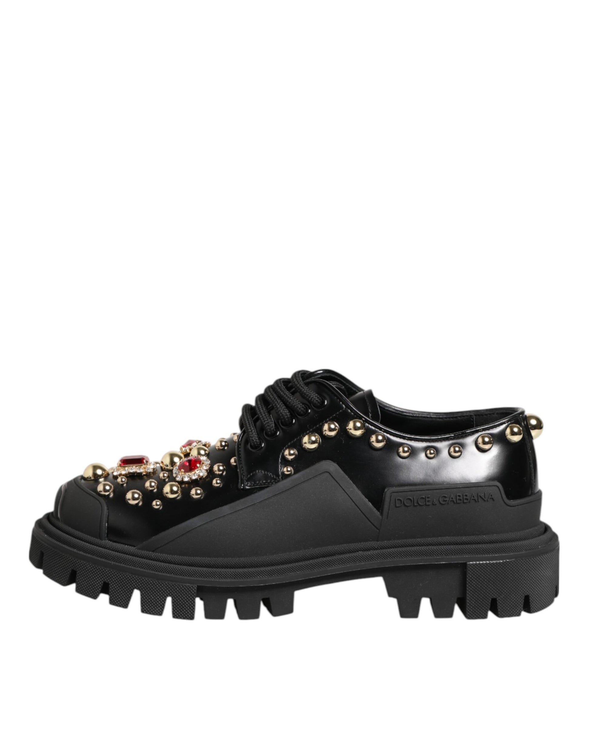 Dolce & Gabbana Black Leather Jeweled Crystals Derby Shoes - ACCEXO