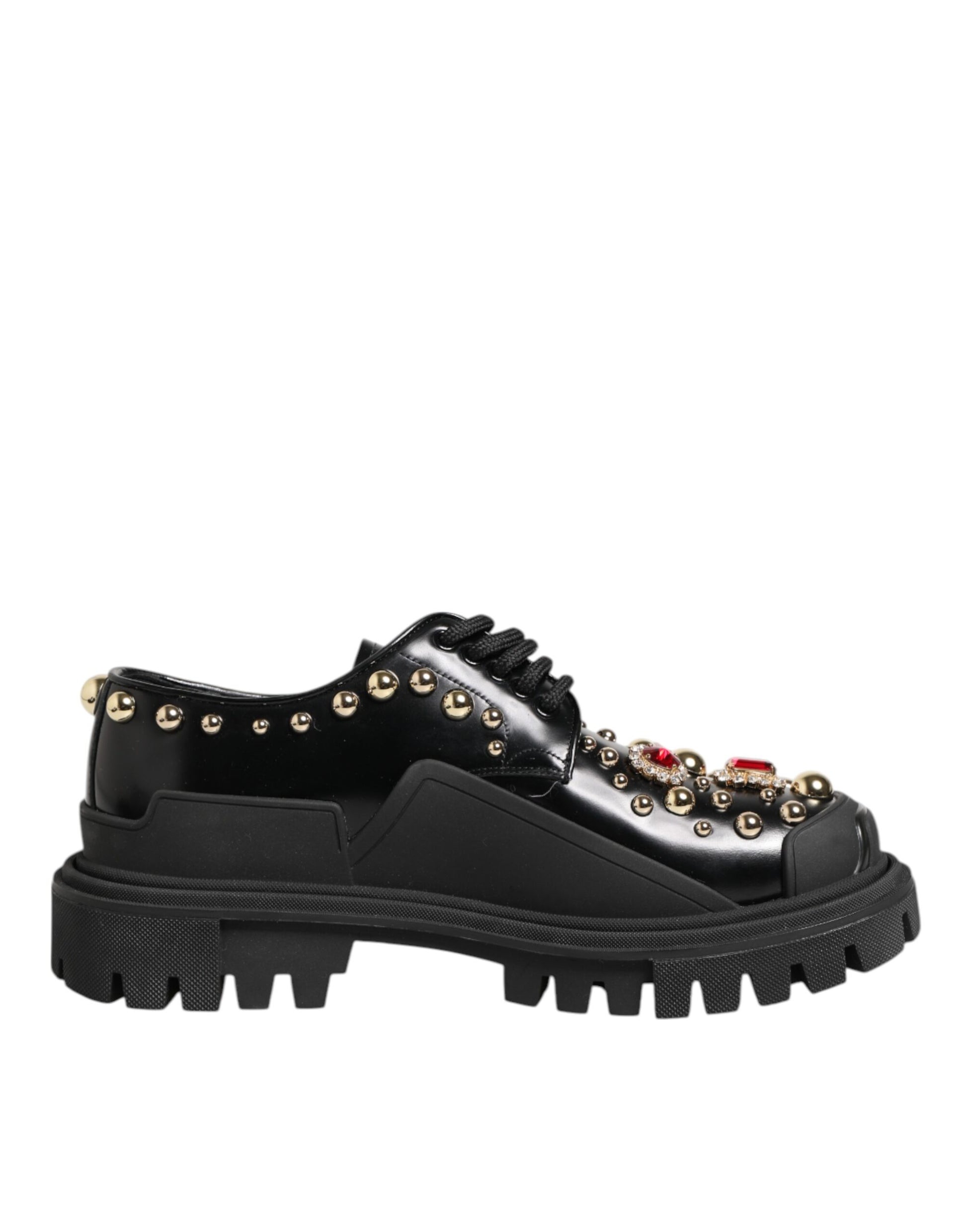 Dolce & Gabbana Black Leather Jeweled Crystals Derby Shoes - ACCEXO