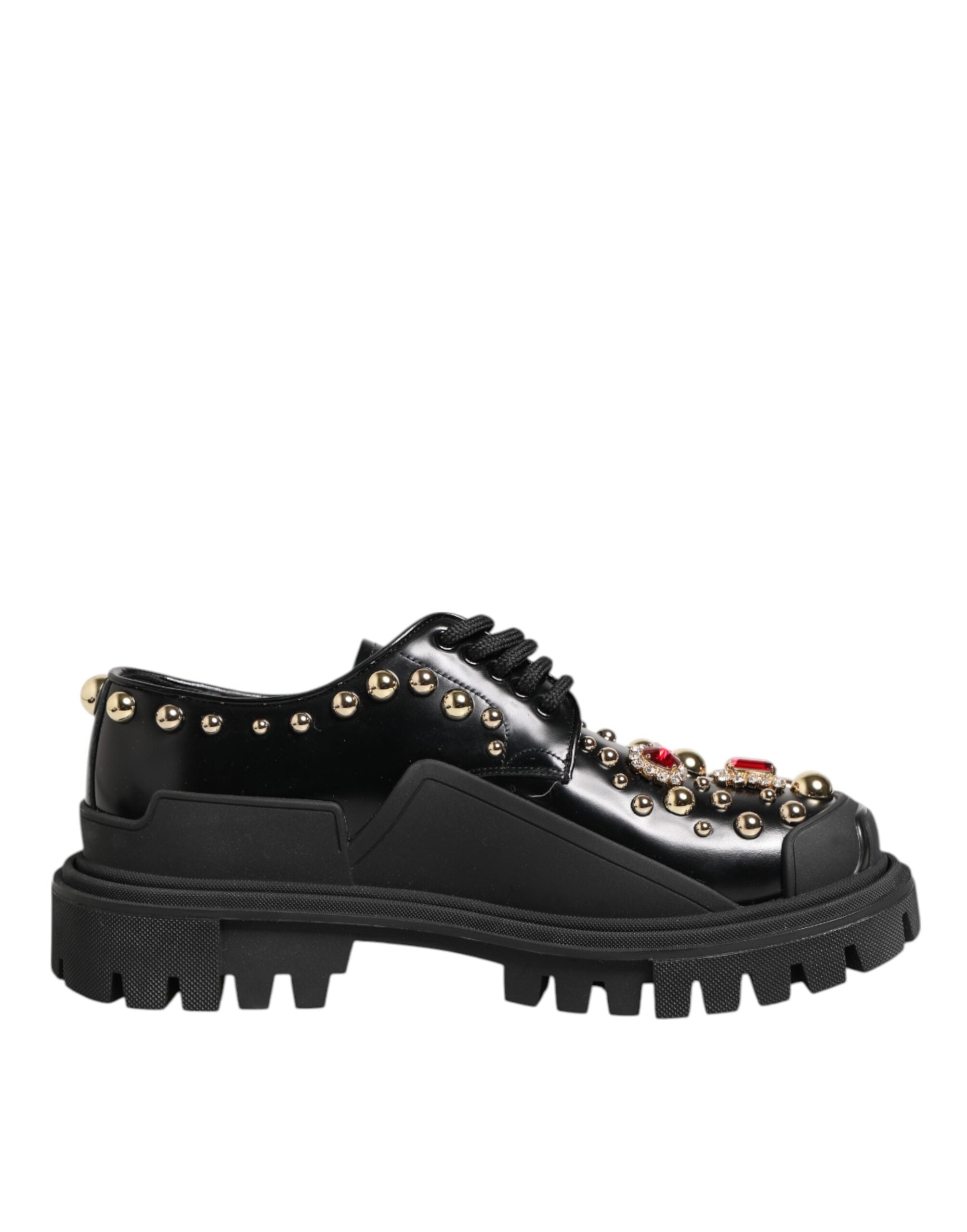 Dolce & Gabbana Black Leather Jeweled Crystals Derby Shoes - ACCEXO