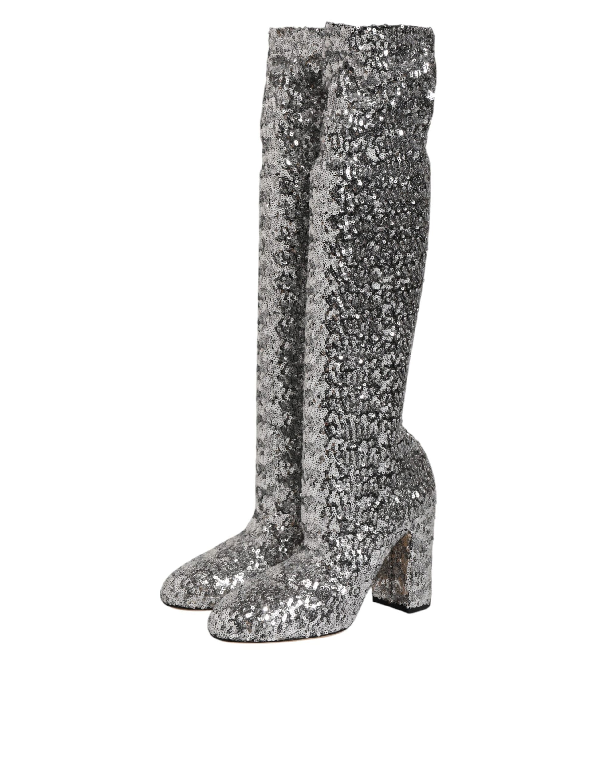 Dolce & Gabbana Shoes Silver Sequins Glitter High Heel Boot Shoes - ACCEXO