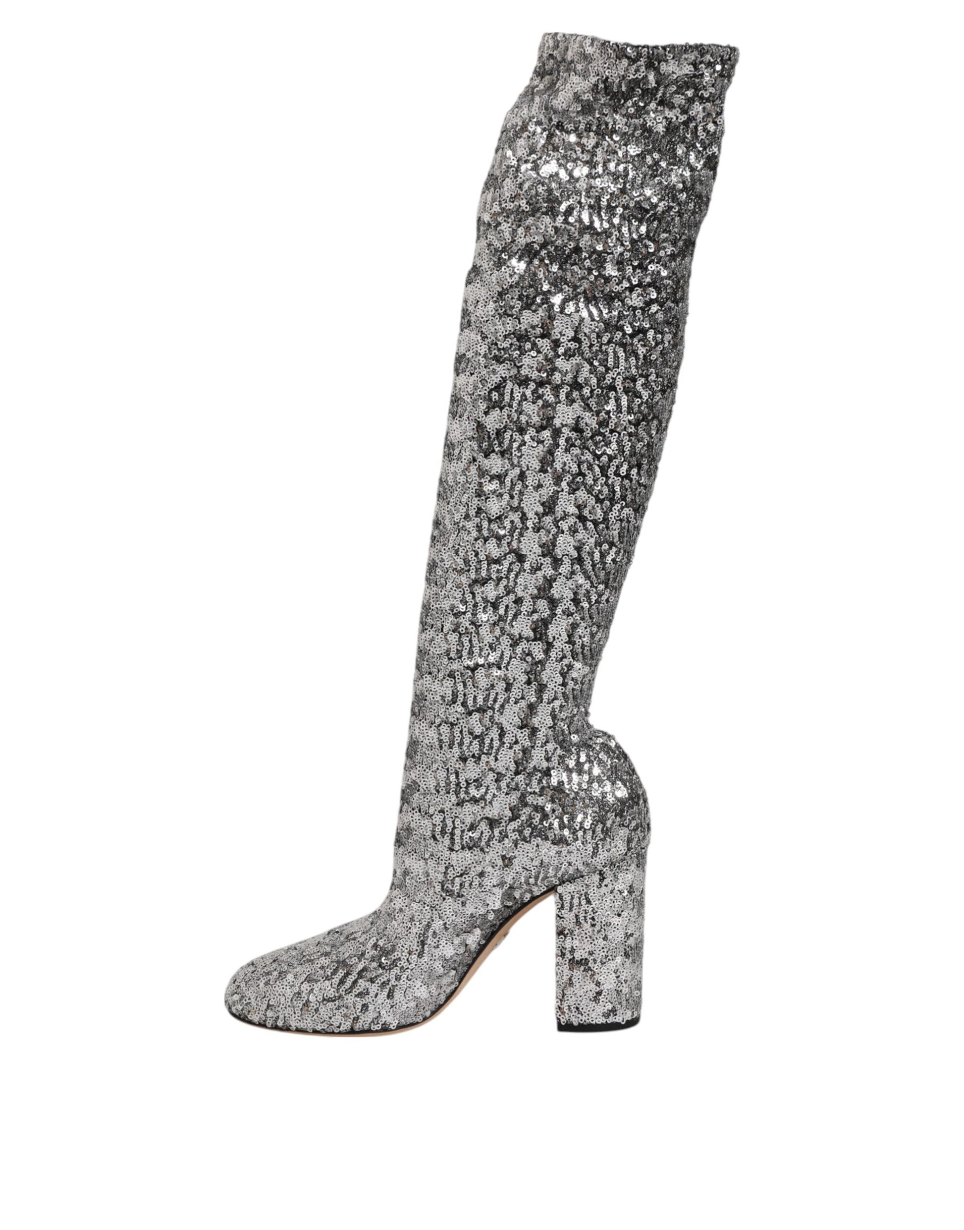 Dolce & Gabbana Shoes Silver Sequins Glitter High Heel Boot Shoes - ACCEXO