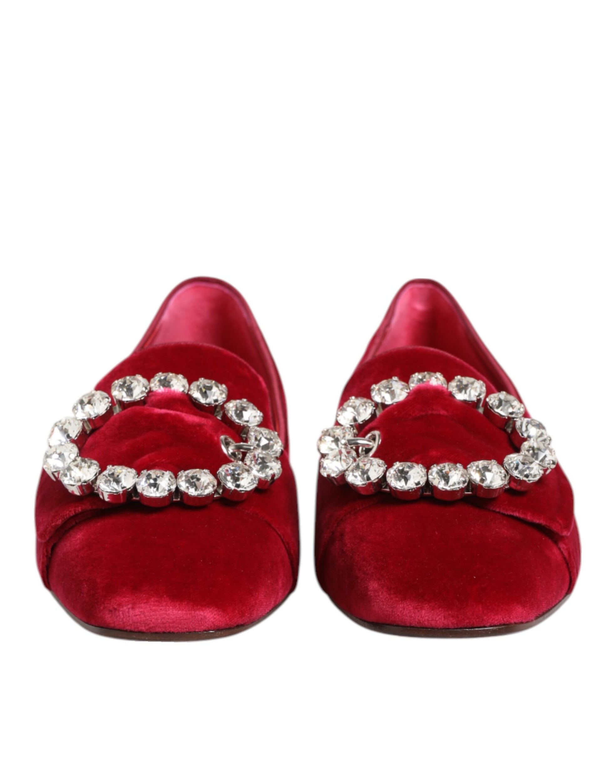 Dolce & Gabbana Red Velvet Crystal Buckle Loafers Flats Shoes - ACCEXO