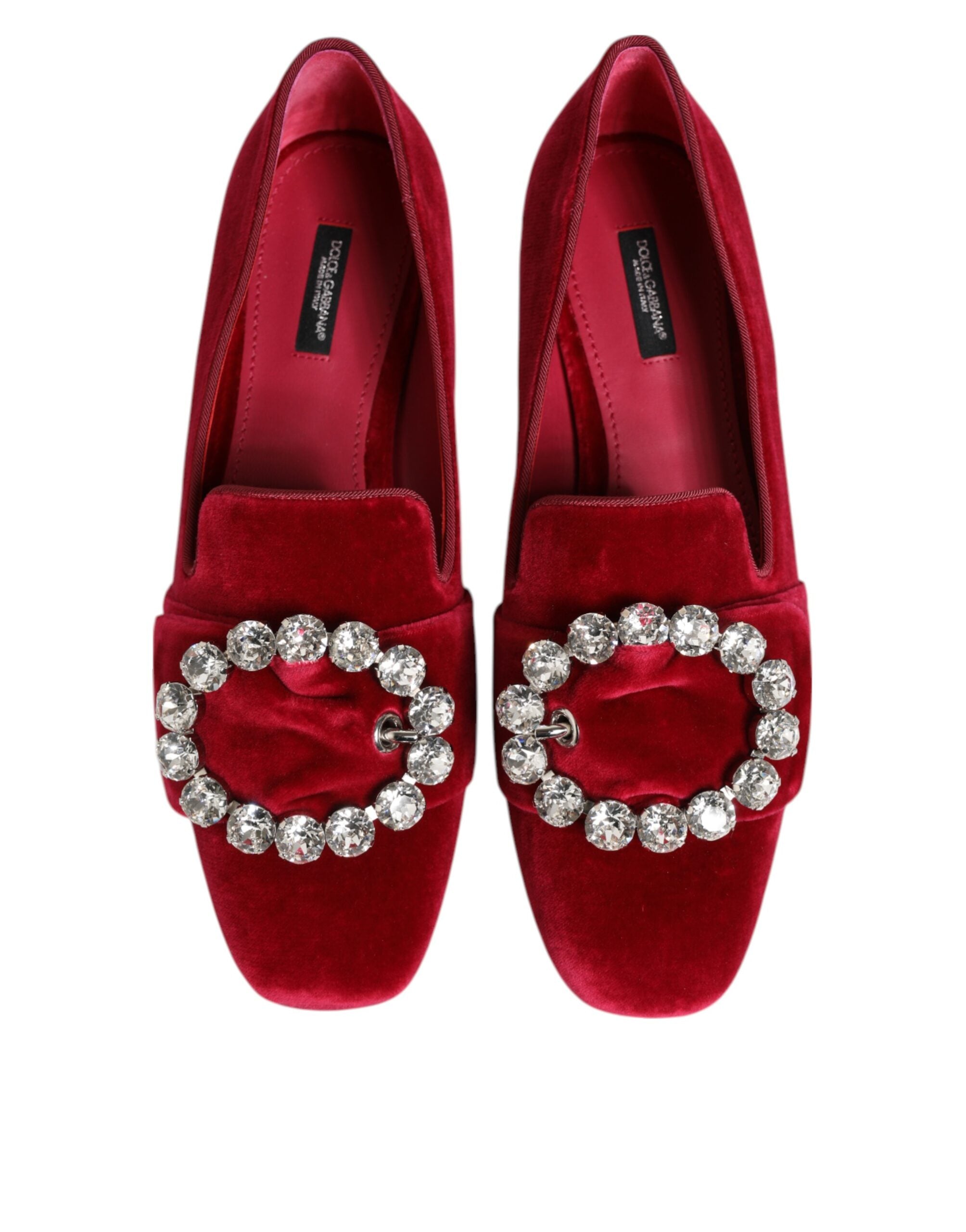 Dolce & Gabbana Red Velvet Crystal Buckle Loafers Flats Shoes - ACCEXO