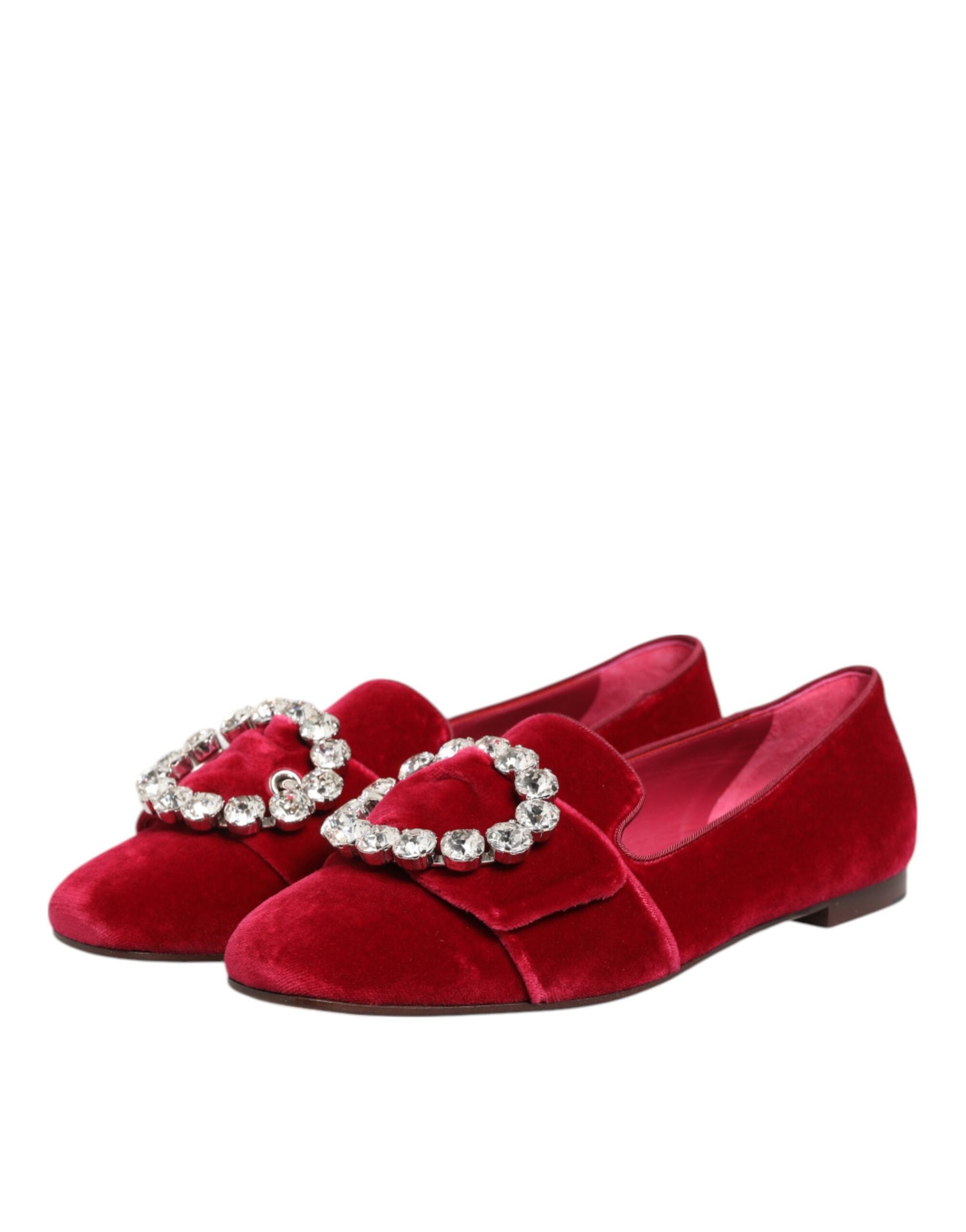 Dolce & Gabbana Red Velvet Crystal Buckle Loafers Flats Shoes - ACCEXO