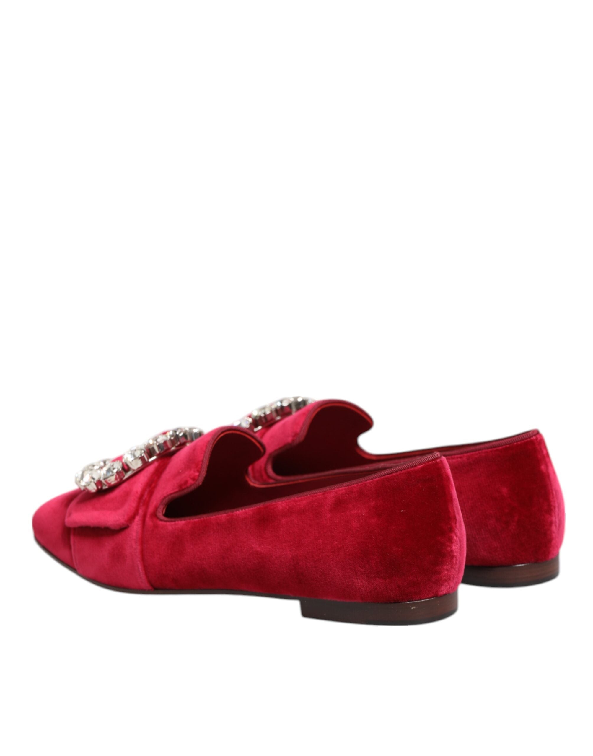 Dolce & Gabbana Red Velvet Crystal Buckle Loafers Flats Shoes - ACCEXO