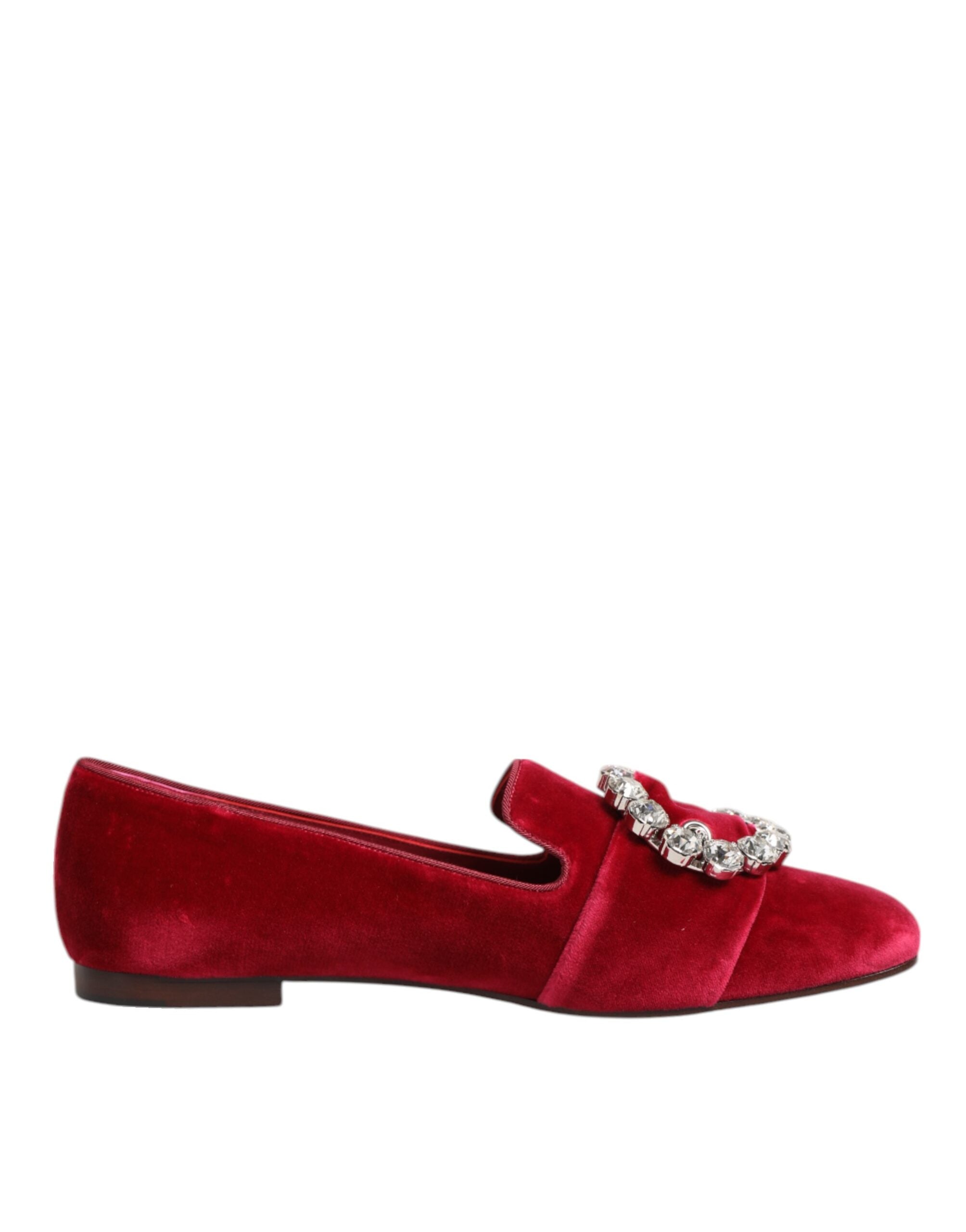 Dolce & Gabbana Red Velvet Crystal Buckle Loafers Flats Shoes - ACCEXO