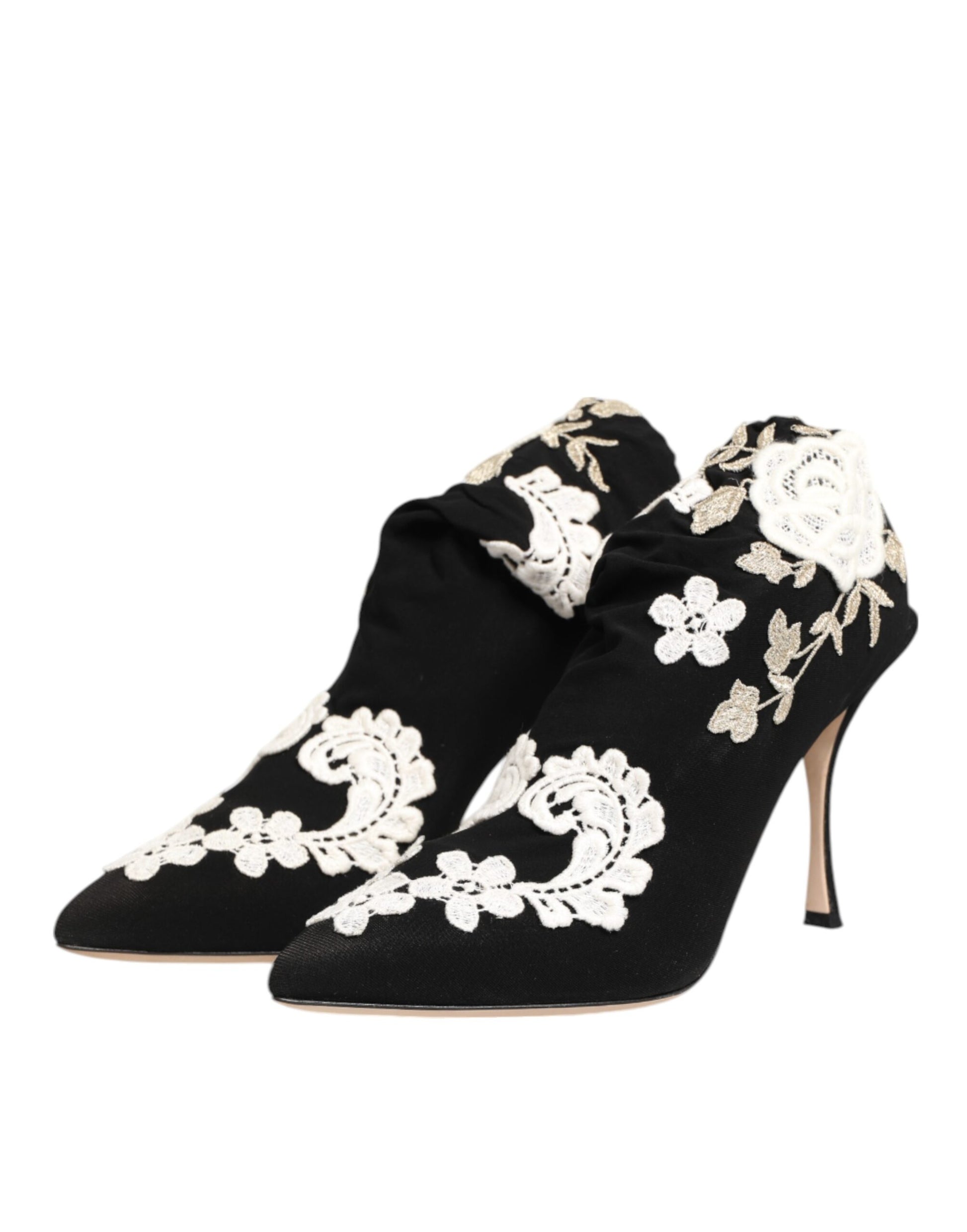 Dolce & Gabbana Black White Embroidered Jersey Stiletto Boots Shoes - ACCEXO
