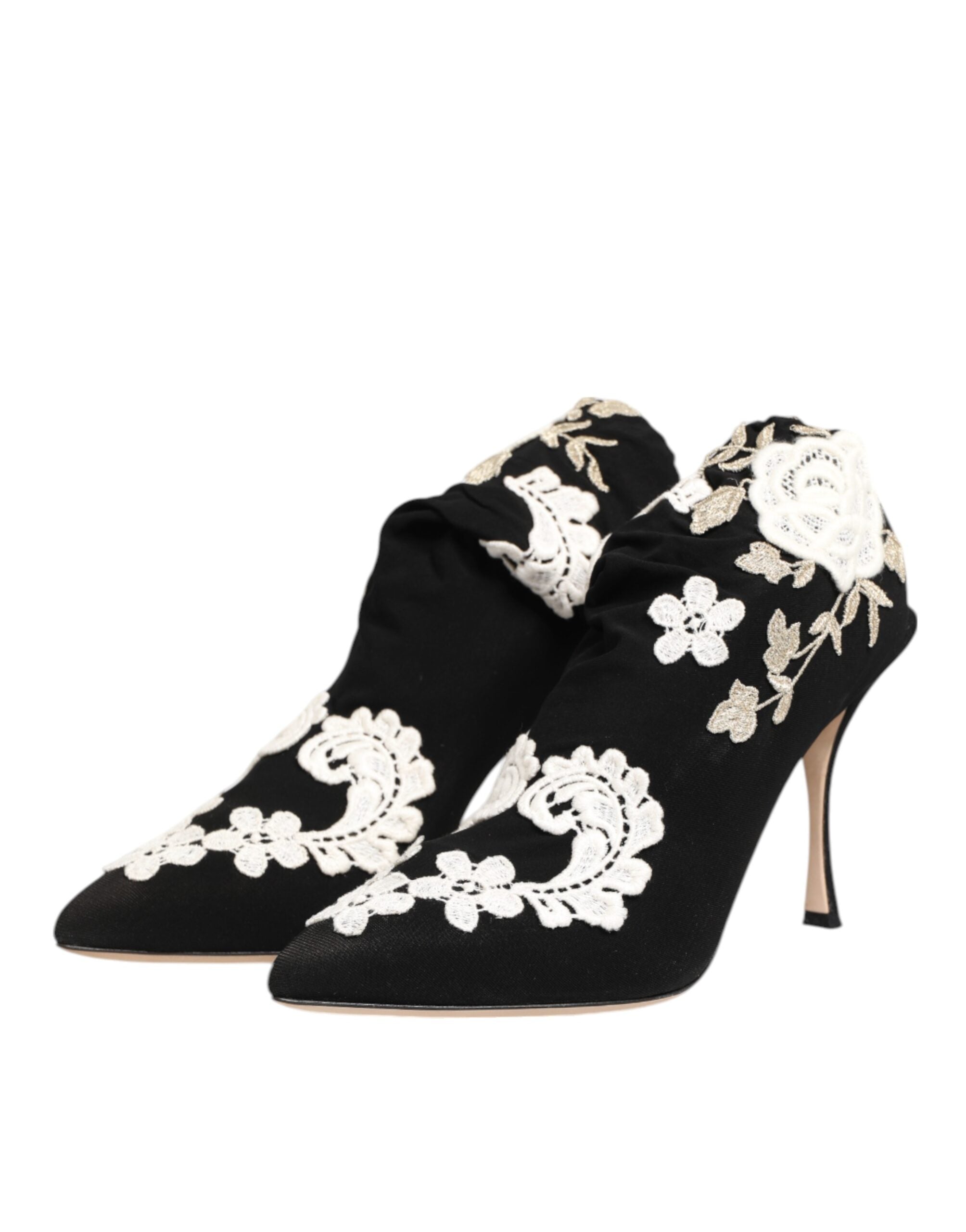 Dolce & Gabbana Black White Embroidered Jersey Stiletto Boots Shoes - ACCEXO