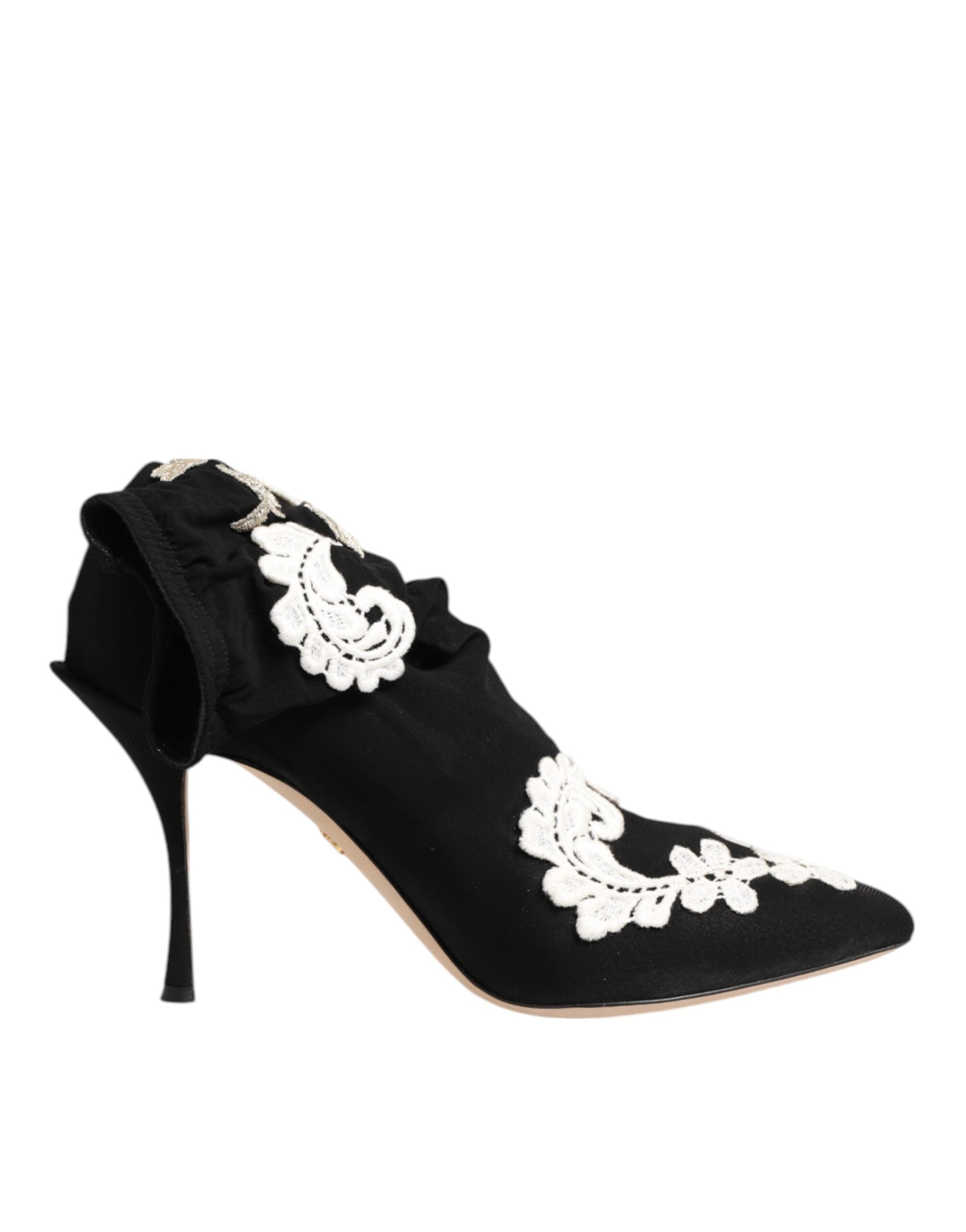 Dolce & Gabbana Black White Embroidered Jersey Stiletto Boots Shoes - ACCEXO