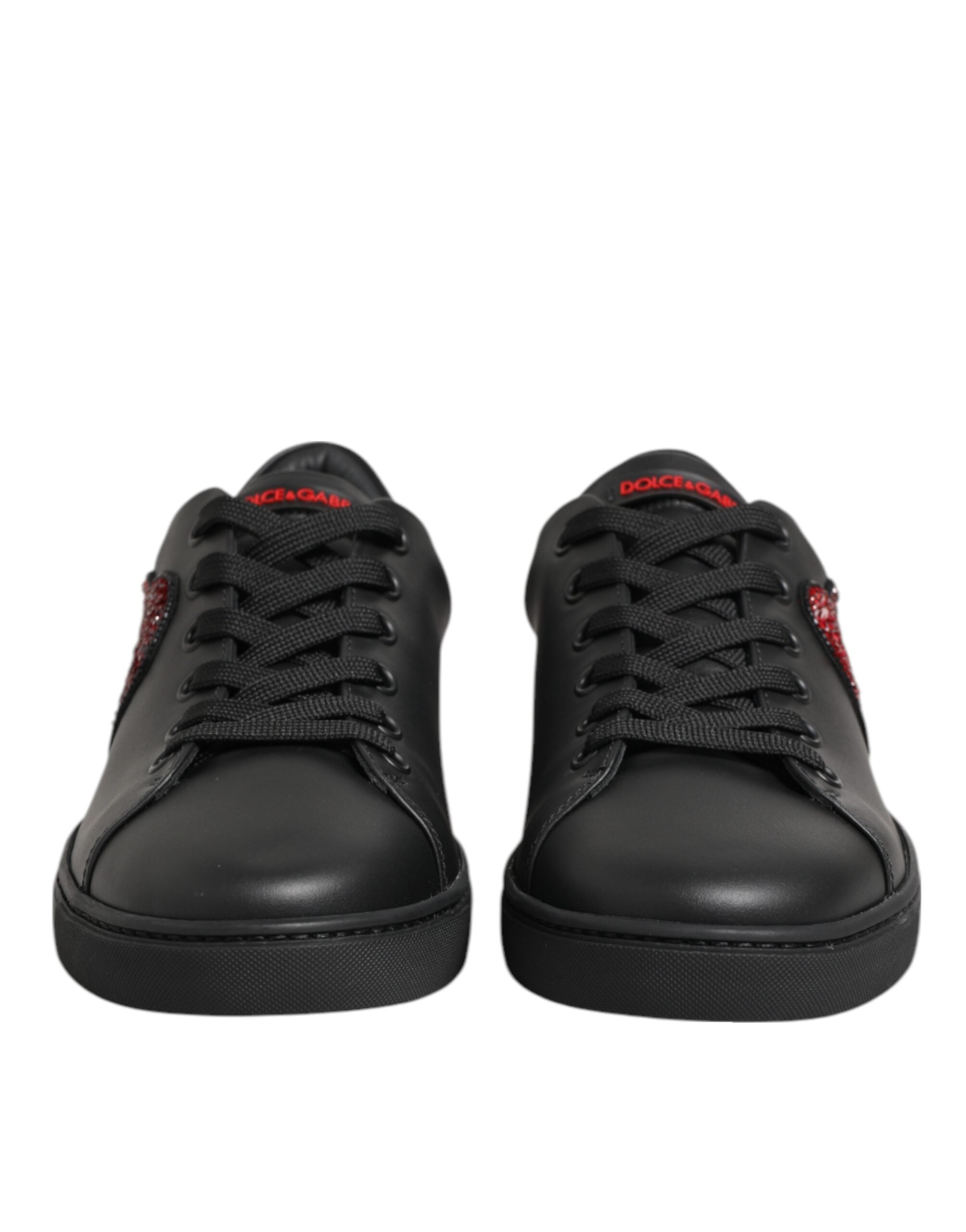 Dolce & Gabbana Black Leather Crystal Heart Low Top Sneakers  Shoes - ACCEXO