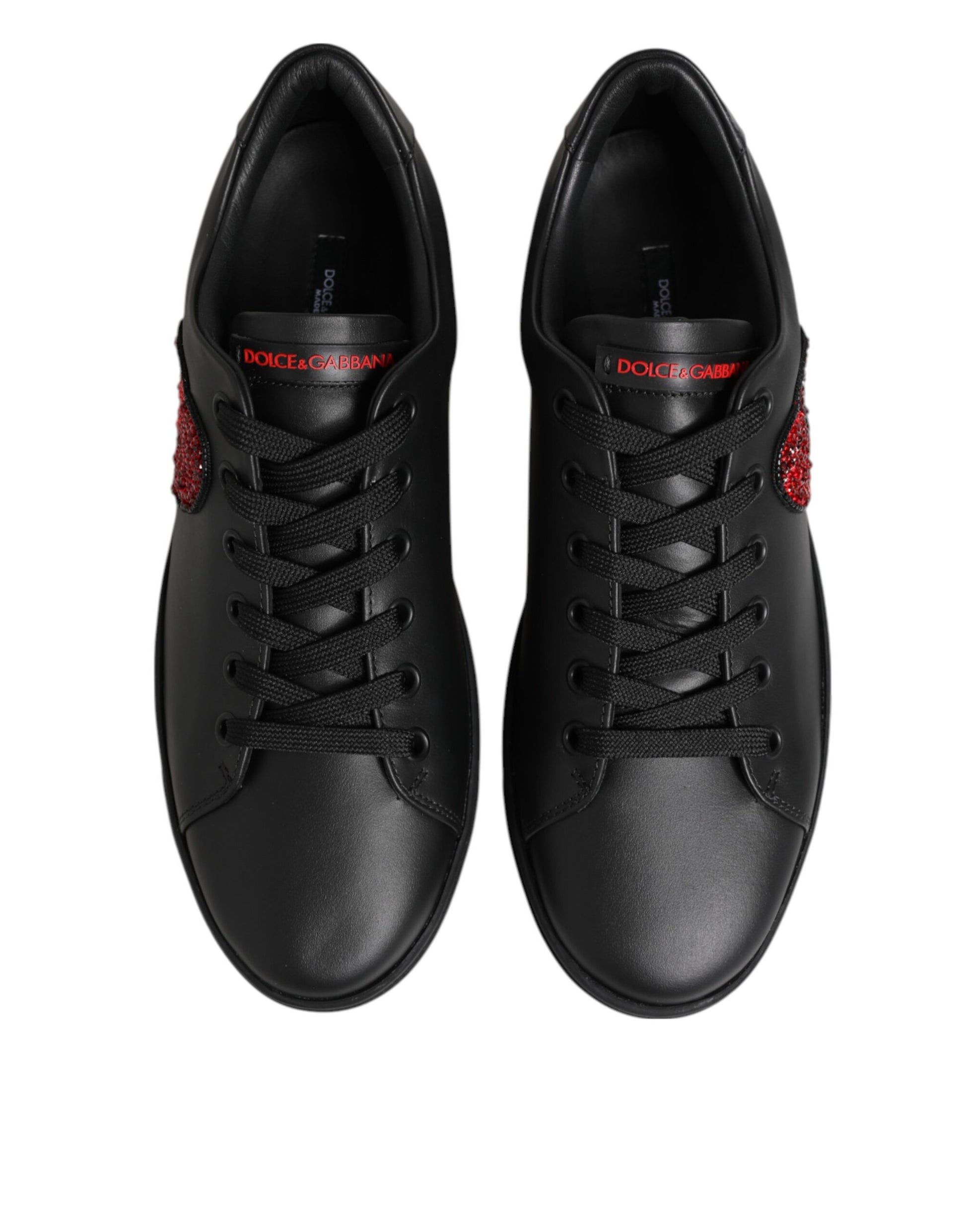 Dolce & Gabbana Black Leather Crystal Heart Low Top Sneakers  Shoes - ACCEXO