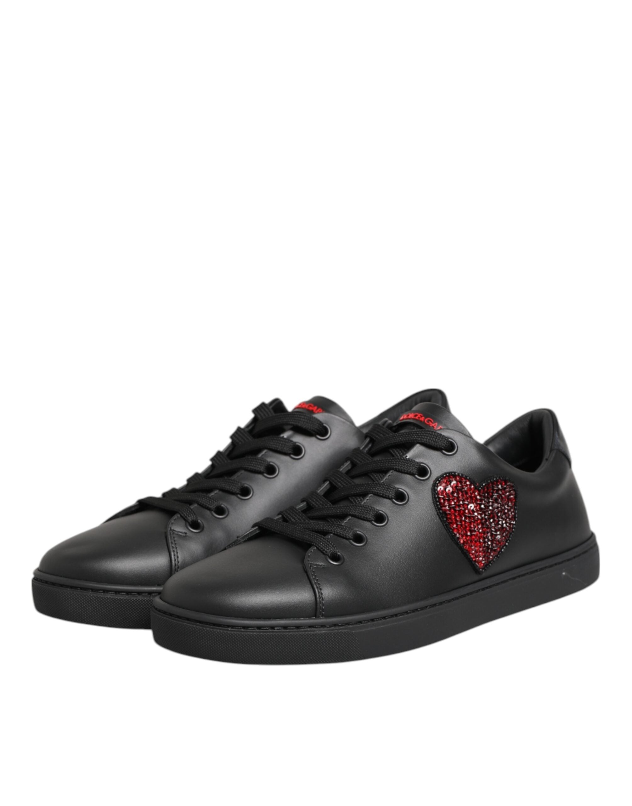 Dolce & Gabbana Black Leather Crystal Heart Low Top Sneakers  Shoes - ACCEXO