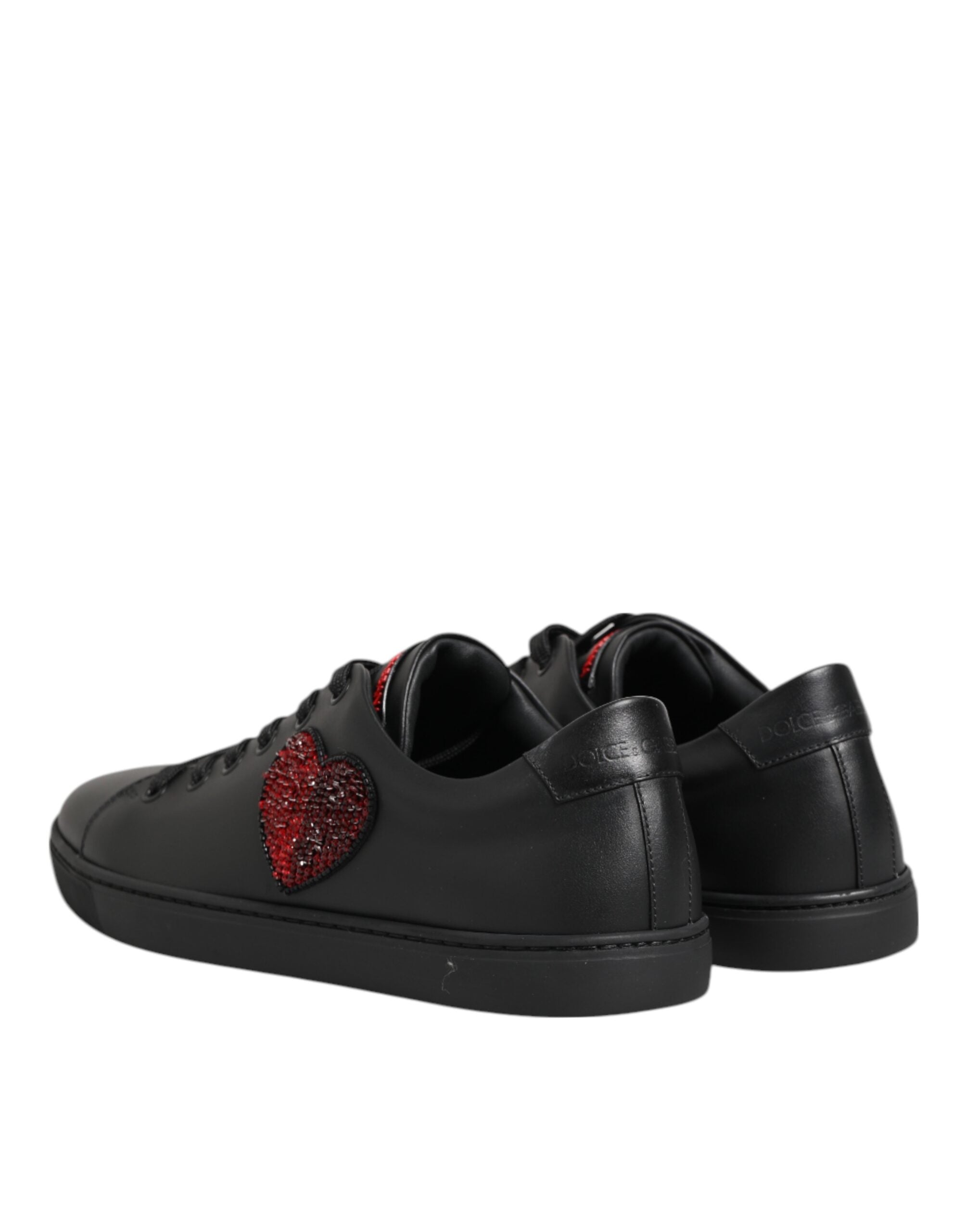 Dolce & Gabbana Black Leather Crystal Heart Low Top Sneakers  Shoes - ACCEXO