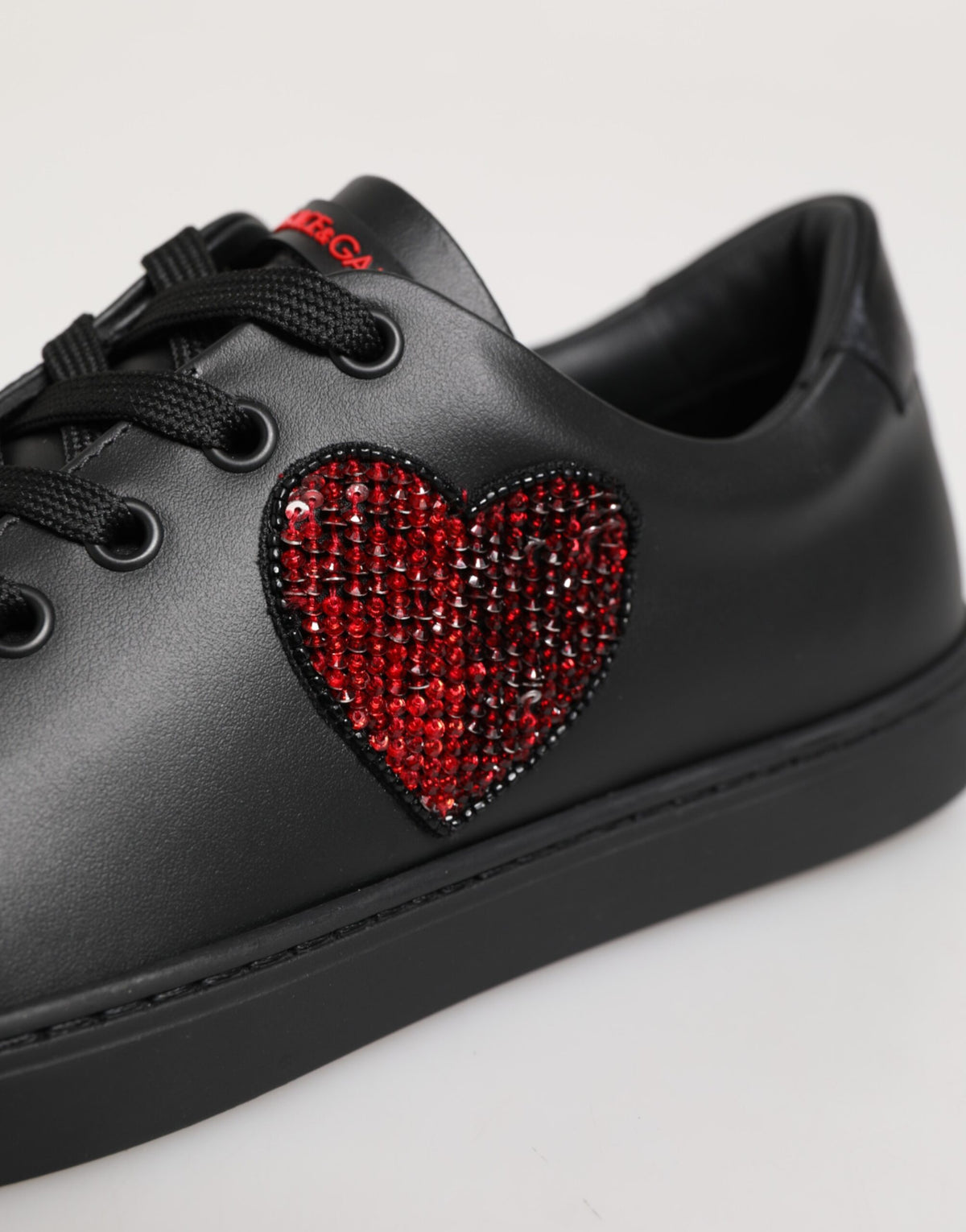 Dolce & Gabbana Black Leather Crystal Heart Low Top Sneakers Shoes for Women