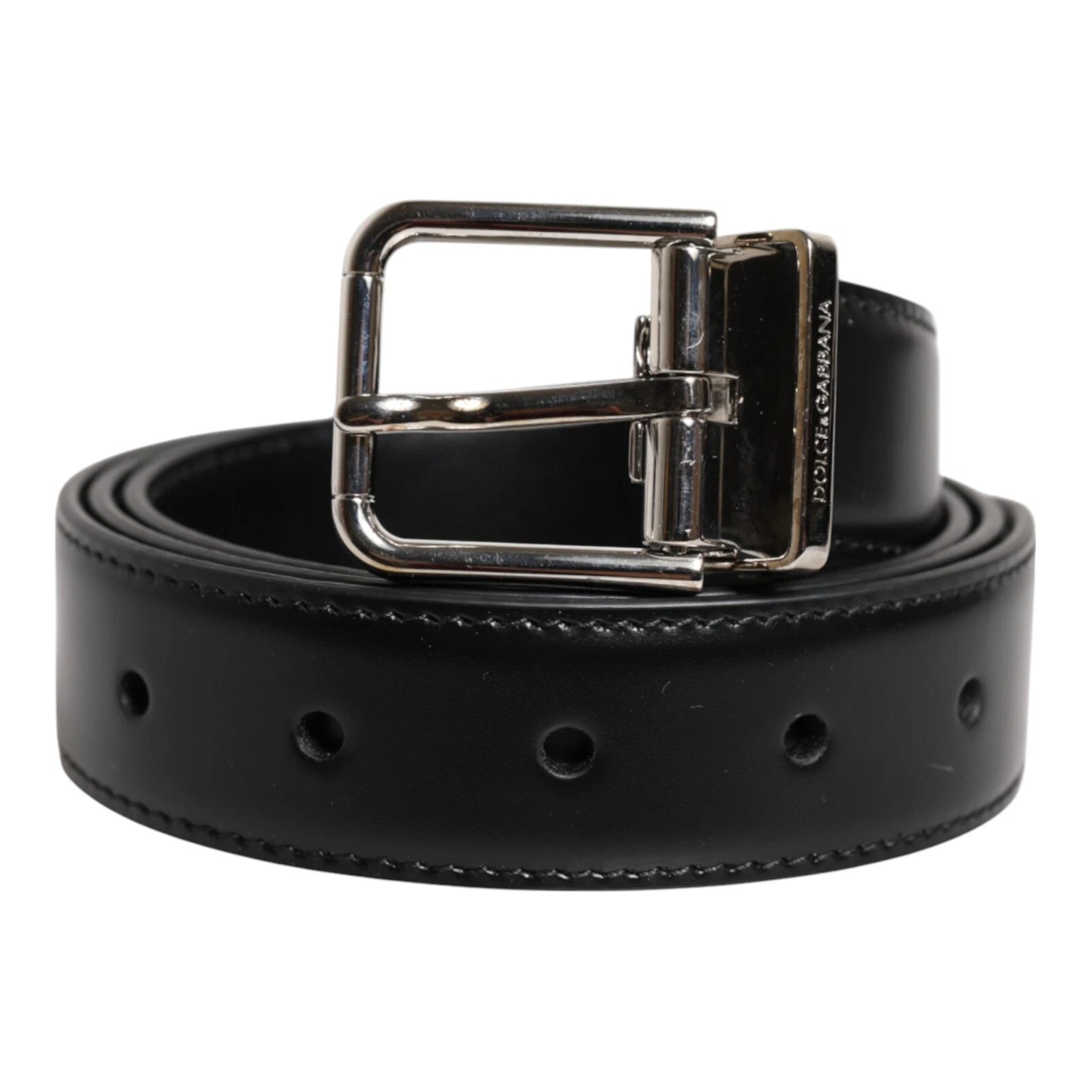 Dolce & Gabbana Black Calf Leather Silver Metal Buckle Belt - ACCEXO