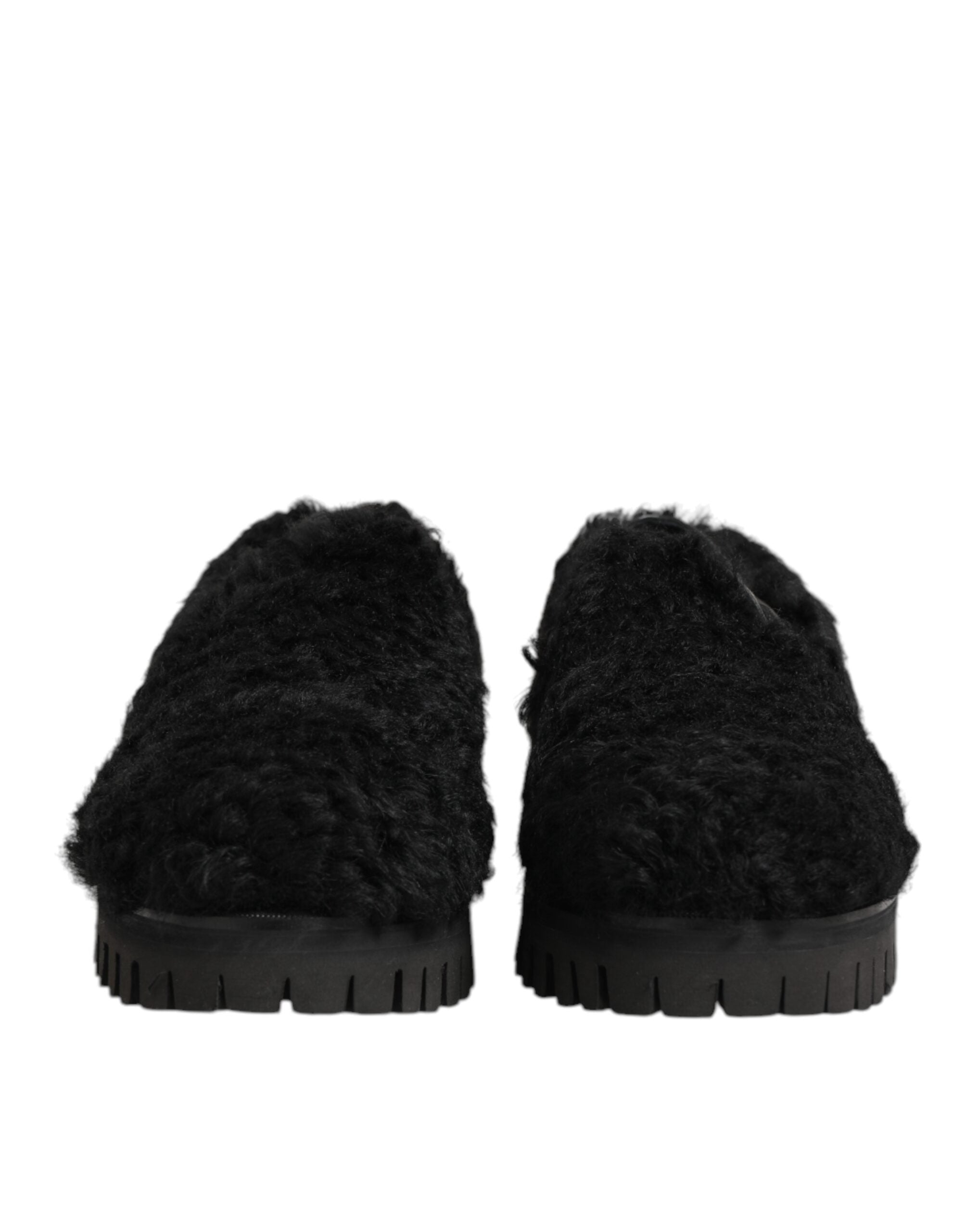 Dolce & Gabbana Dress Black Fur Leather Slippers Men Shoes - ACCEXO