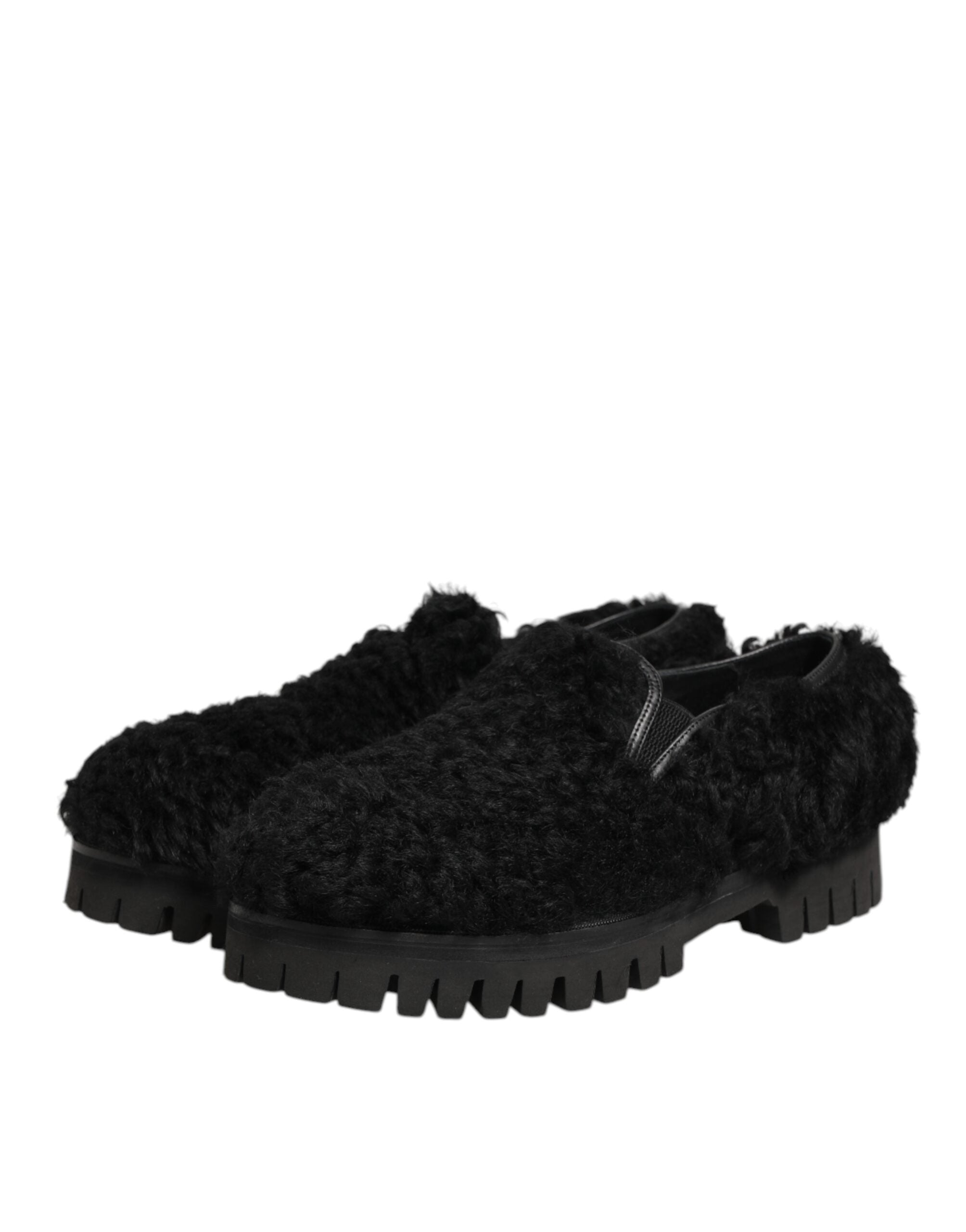 Dolce & Gabbana Dress Black Fur Leather Slippers Men Shoes - ACCEXO